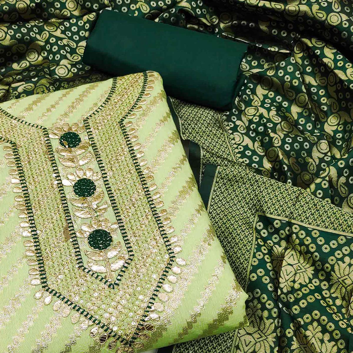 Green Woven With Embroidered Chanderi Dress Material