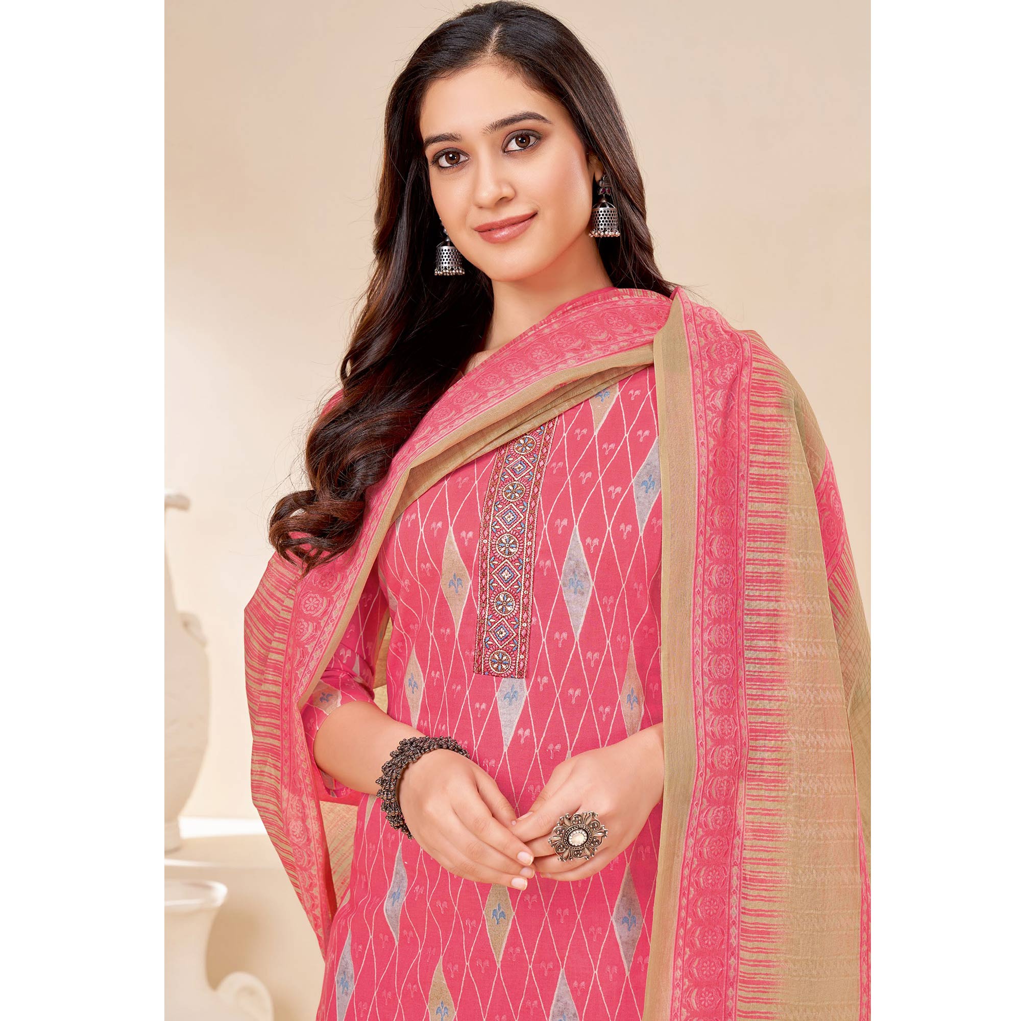 Pink Printed With Tie Embroidered Pure Cotton Suit