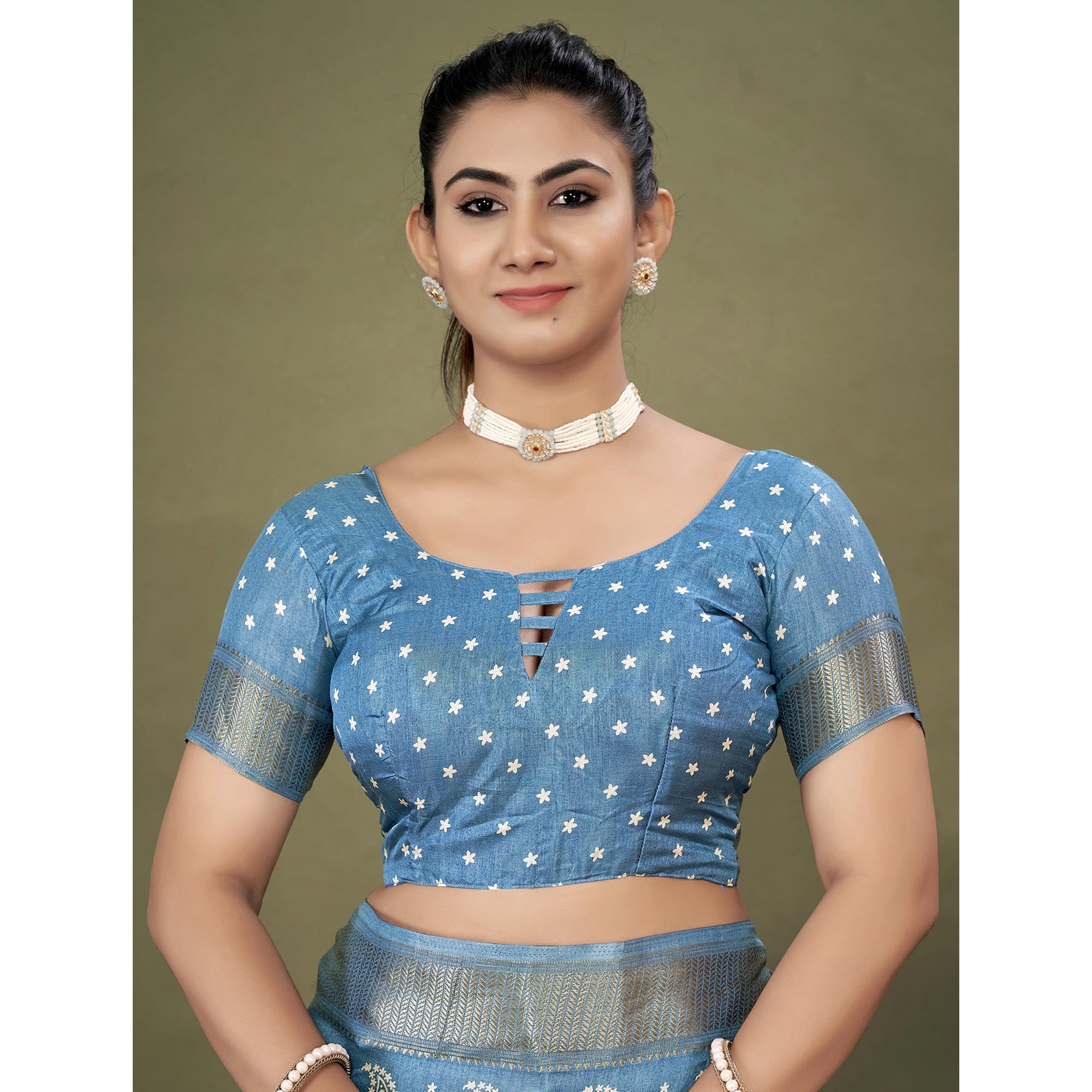 Blue Floral Printed Dola Silk Saree