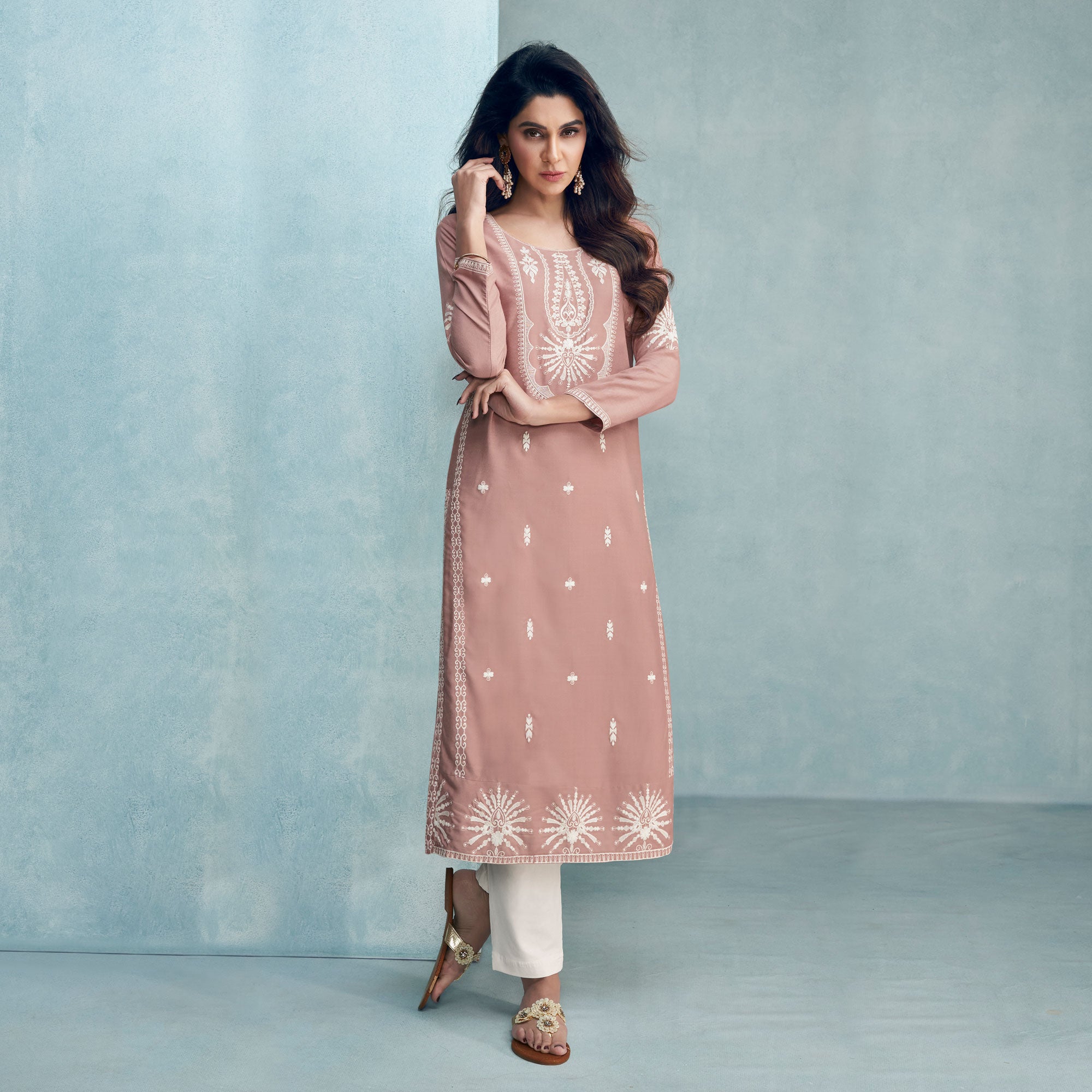 Dusty Pink Lucknowi Embroidered Rayon Kurti