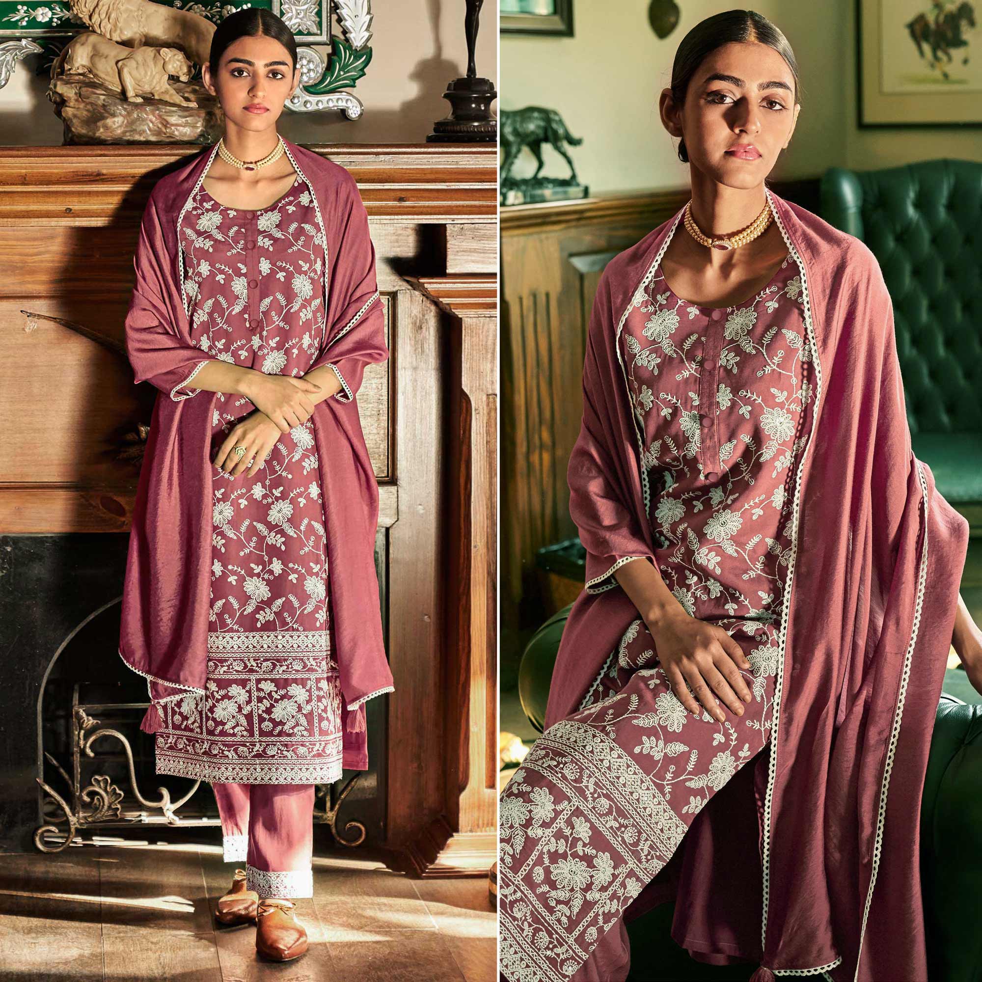 Brick Red Lucknowi Embroidered Modal Salwar Suit