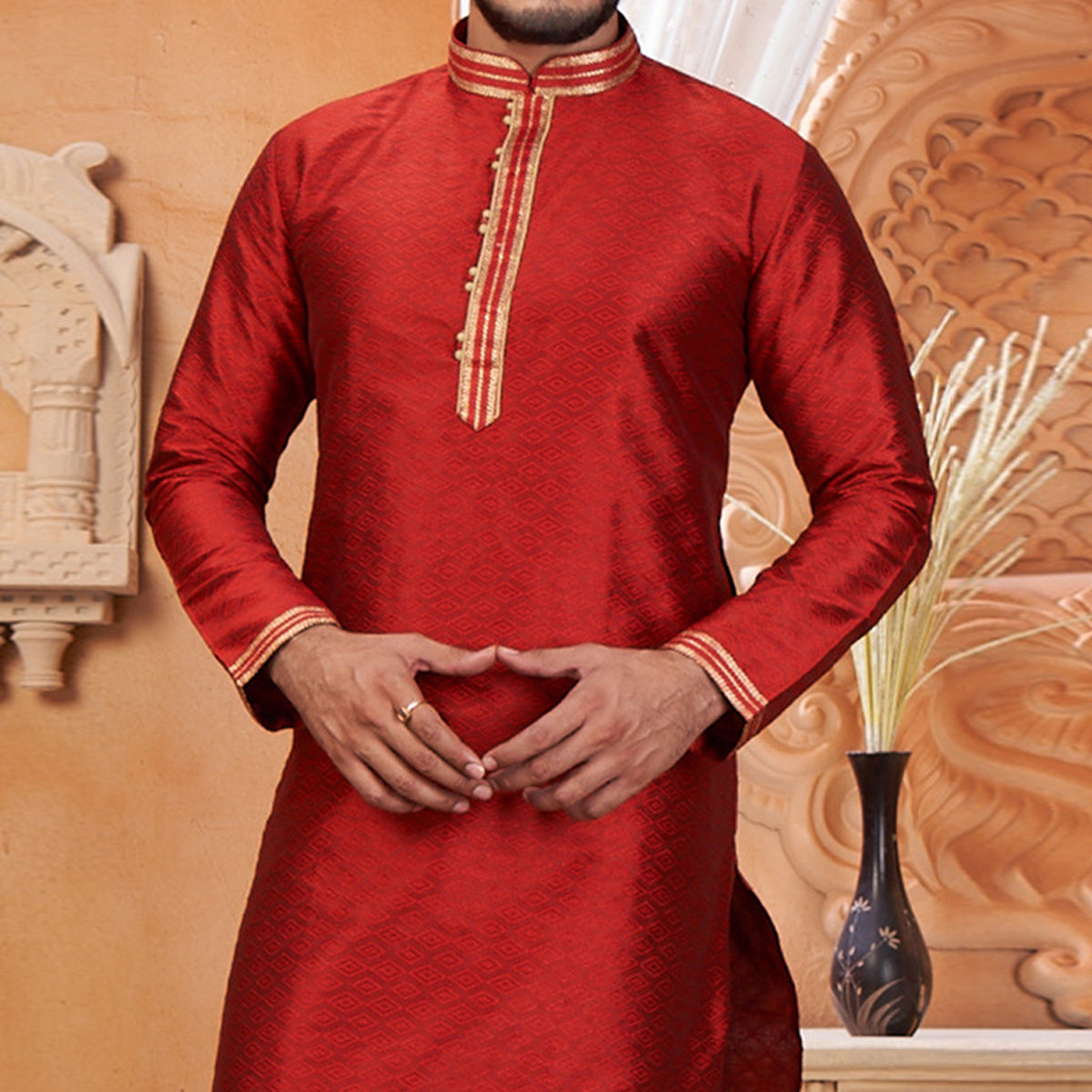 Red Embroidered Jacquard Kurta Pyjama Set