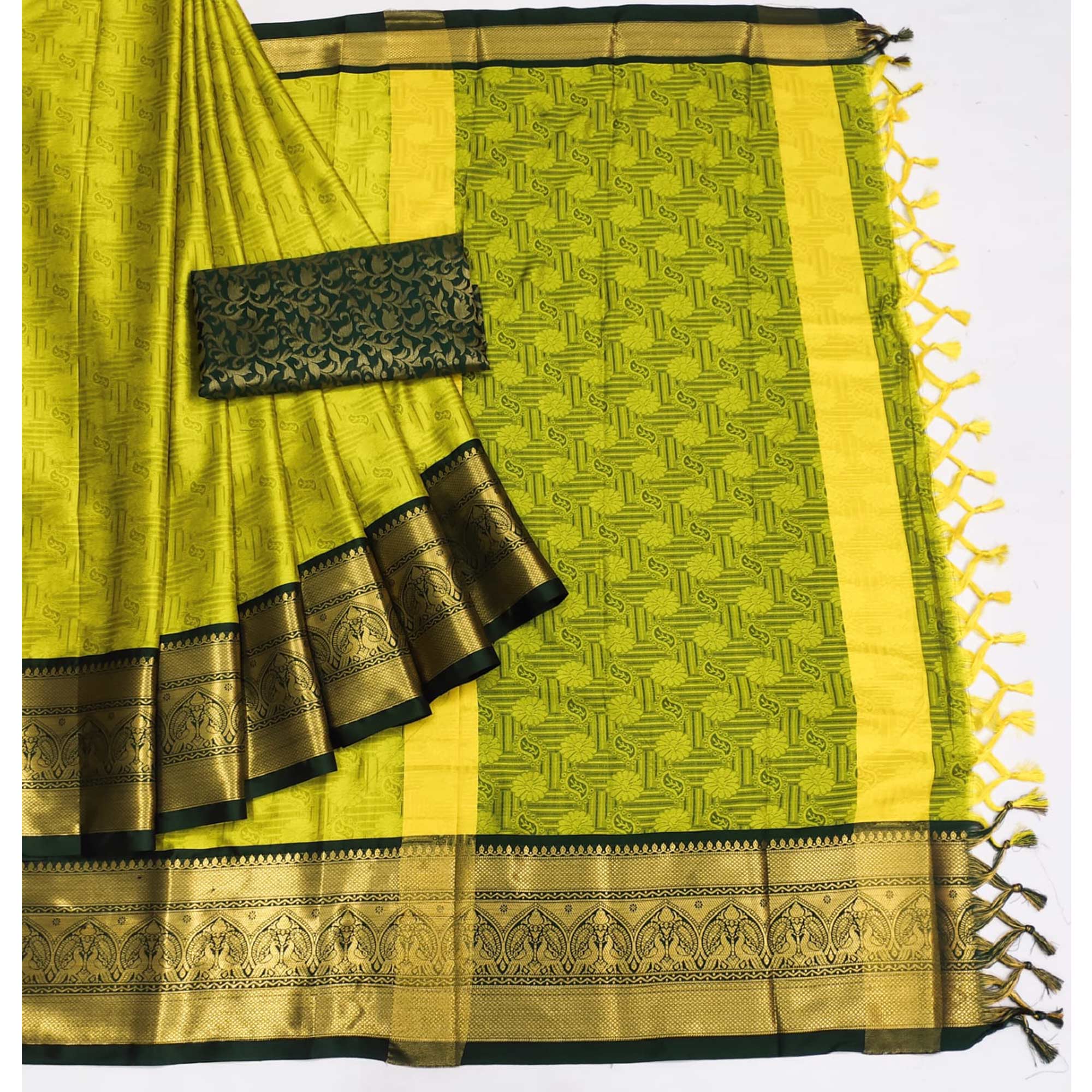 Lemon Green Woven Cotton Silk Saree With Tassels