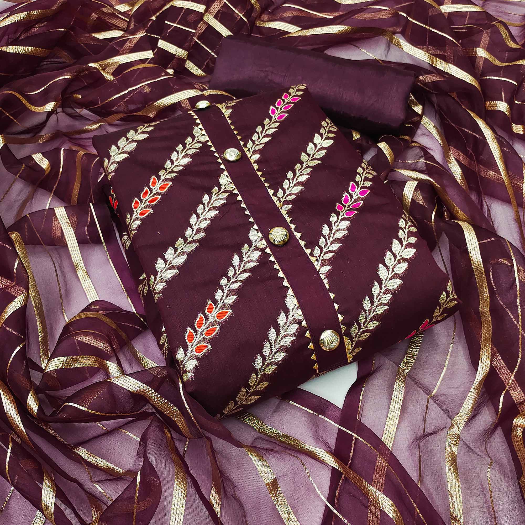 Wine Woven Banarasi Silk Dress Material