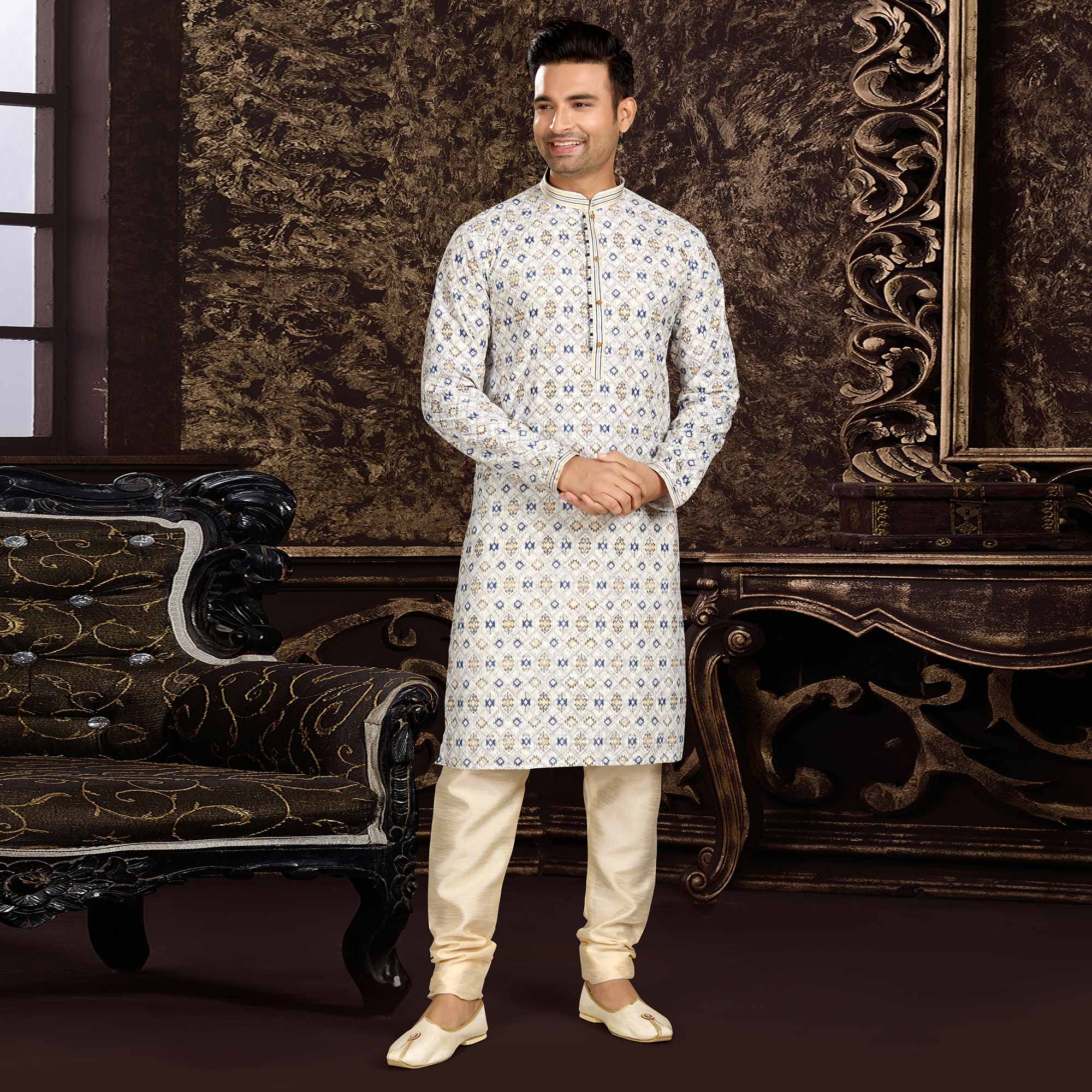 White Lucknowi And Digital Printed Cotton Kurta Pyjama Set