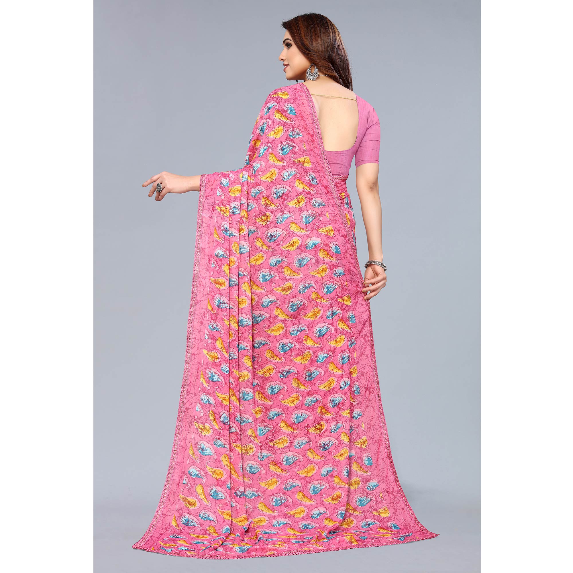 Pink Printed Georgette Saree With Crochet Border