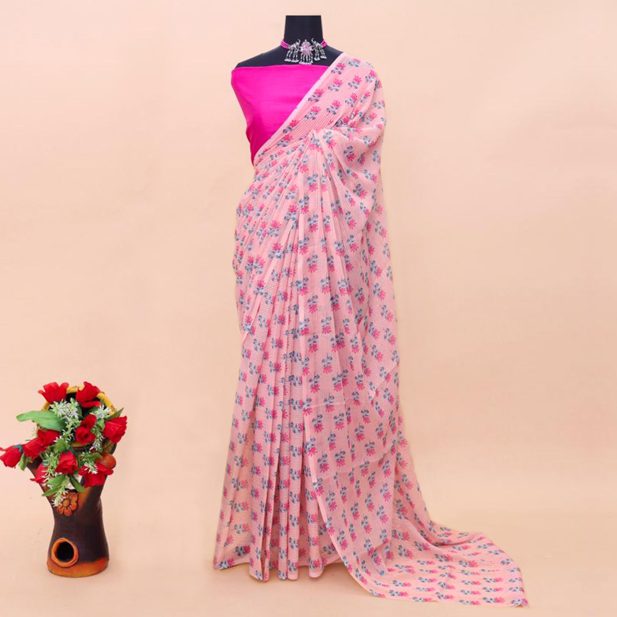 Pink Floral Printed And Sequins Work Georgette Saree
