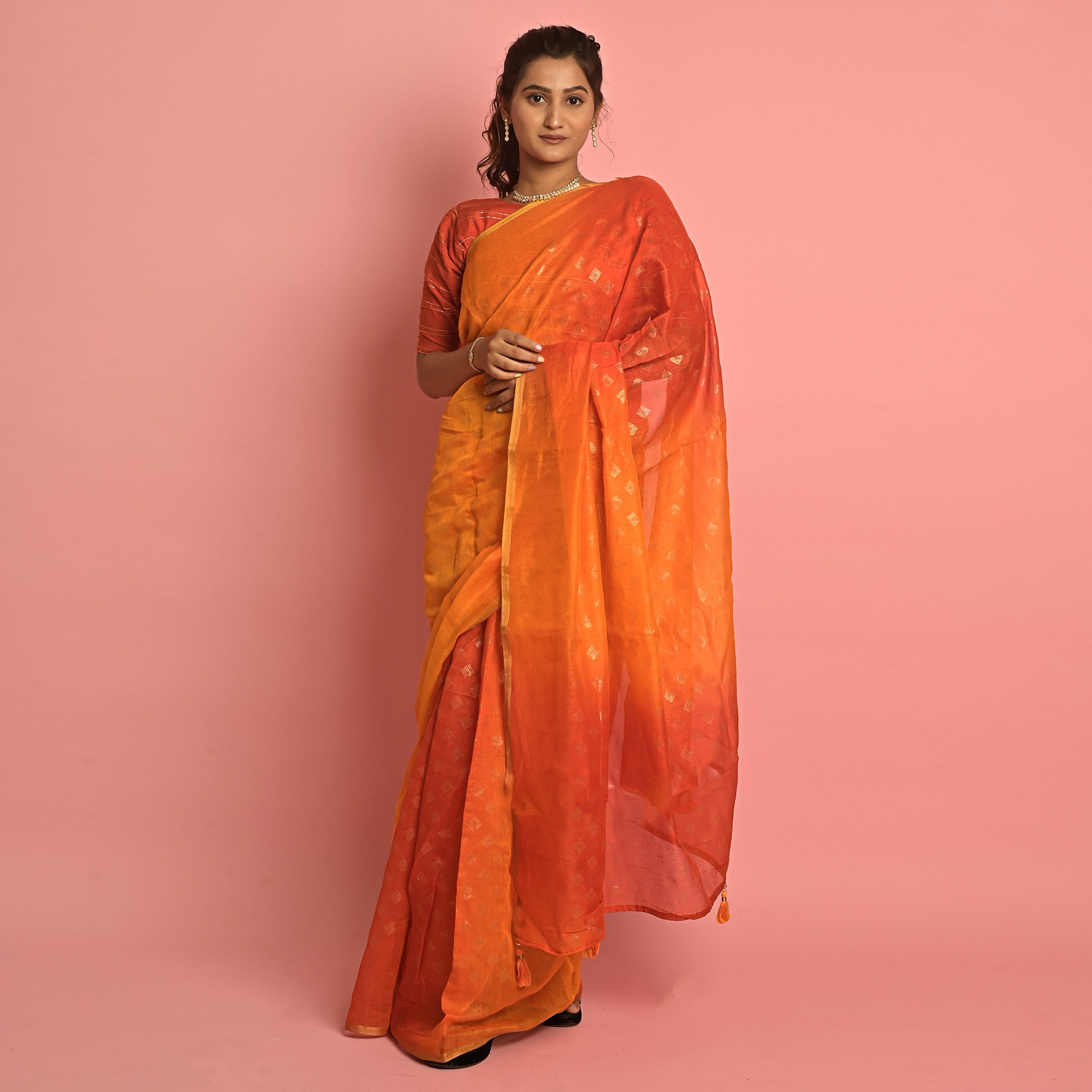 Mustard & Orange Foil Printed Cotton Blend Saree