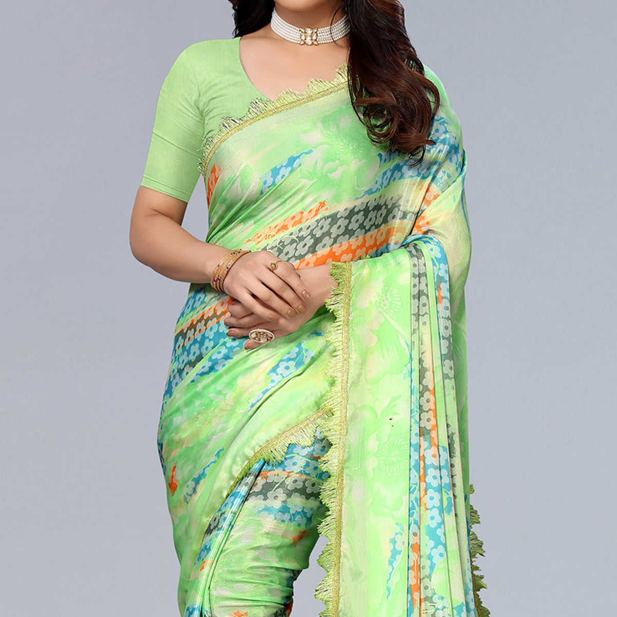 Parrot Green Floral Printed Art Silk Saree With Crochet Border