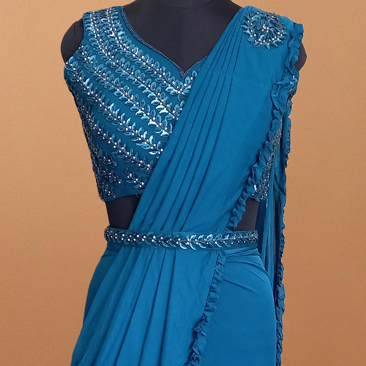 Blue Floral With Solid Ready to Wear Lycra Saree