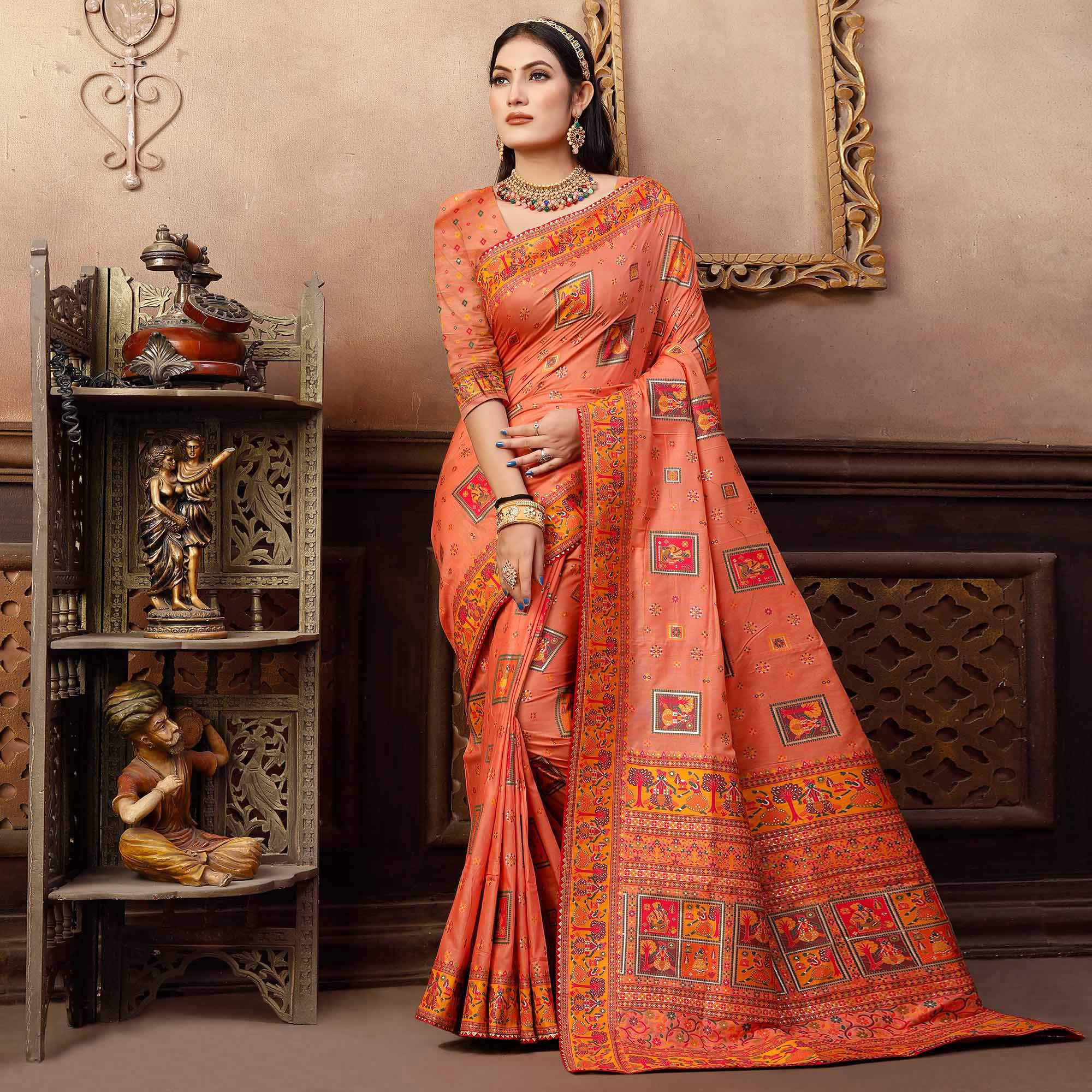 Peach Woven With Gota Patti Work Pashmina Saree