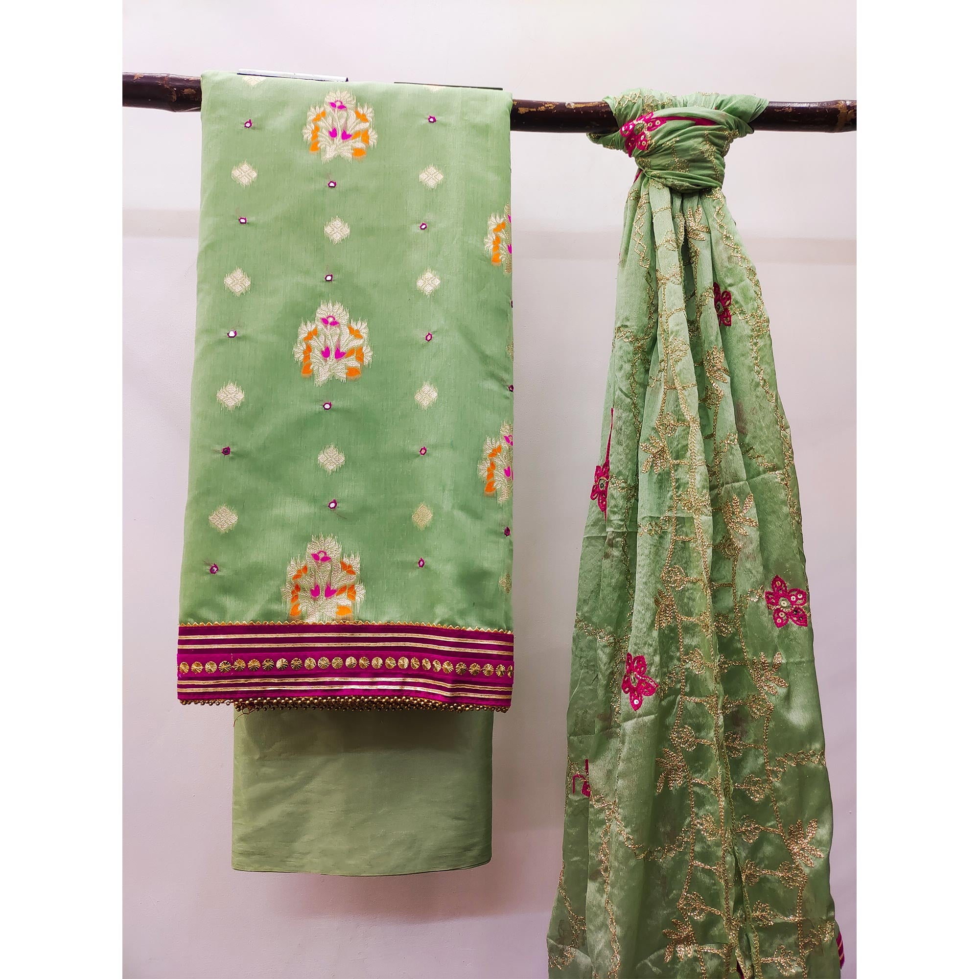 Green Floral Woven Banarasi Silk Dress Material