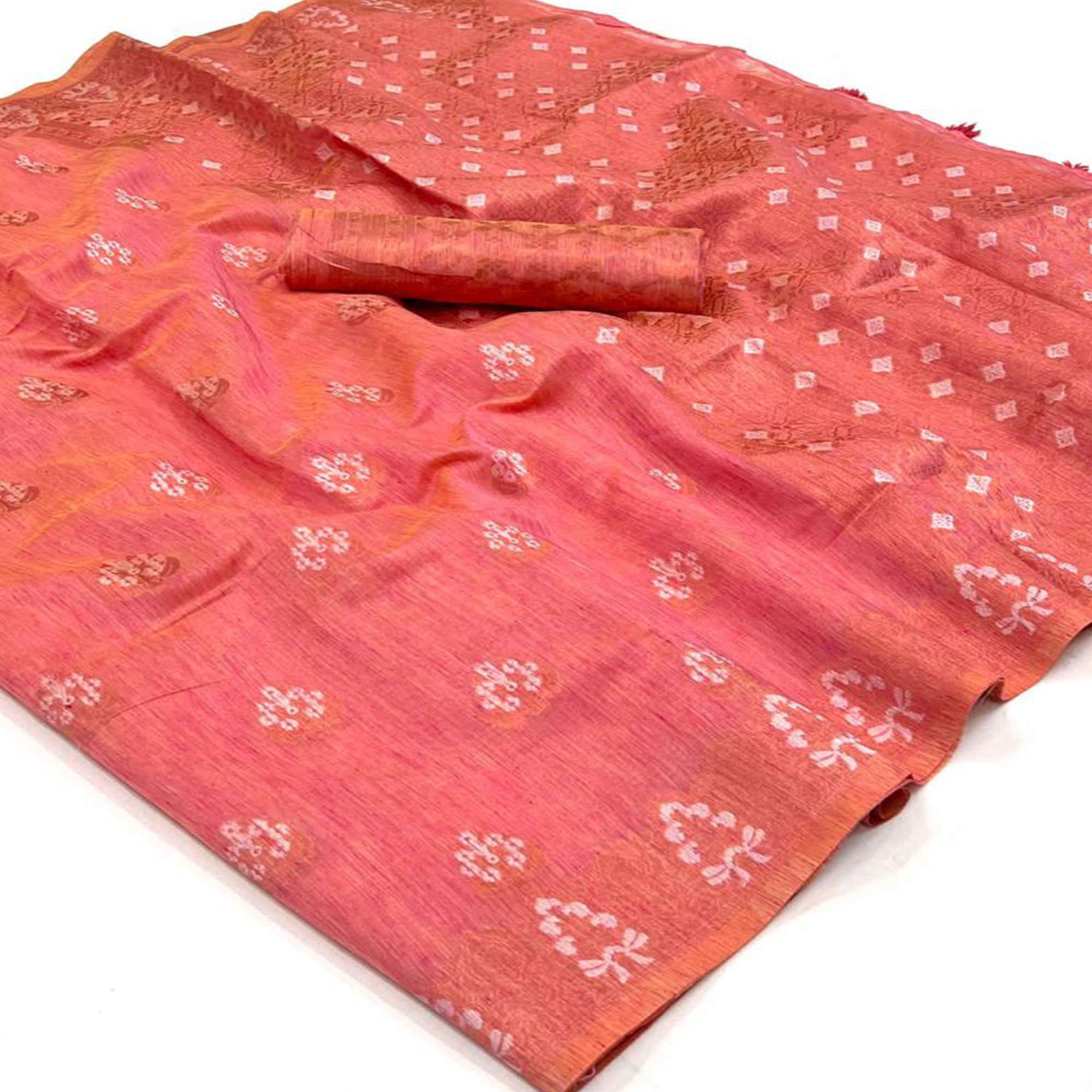 Salmon Pink Woven Linen Saree With Tassels