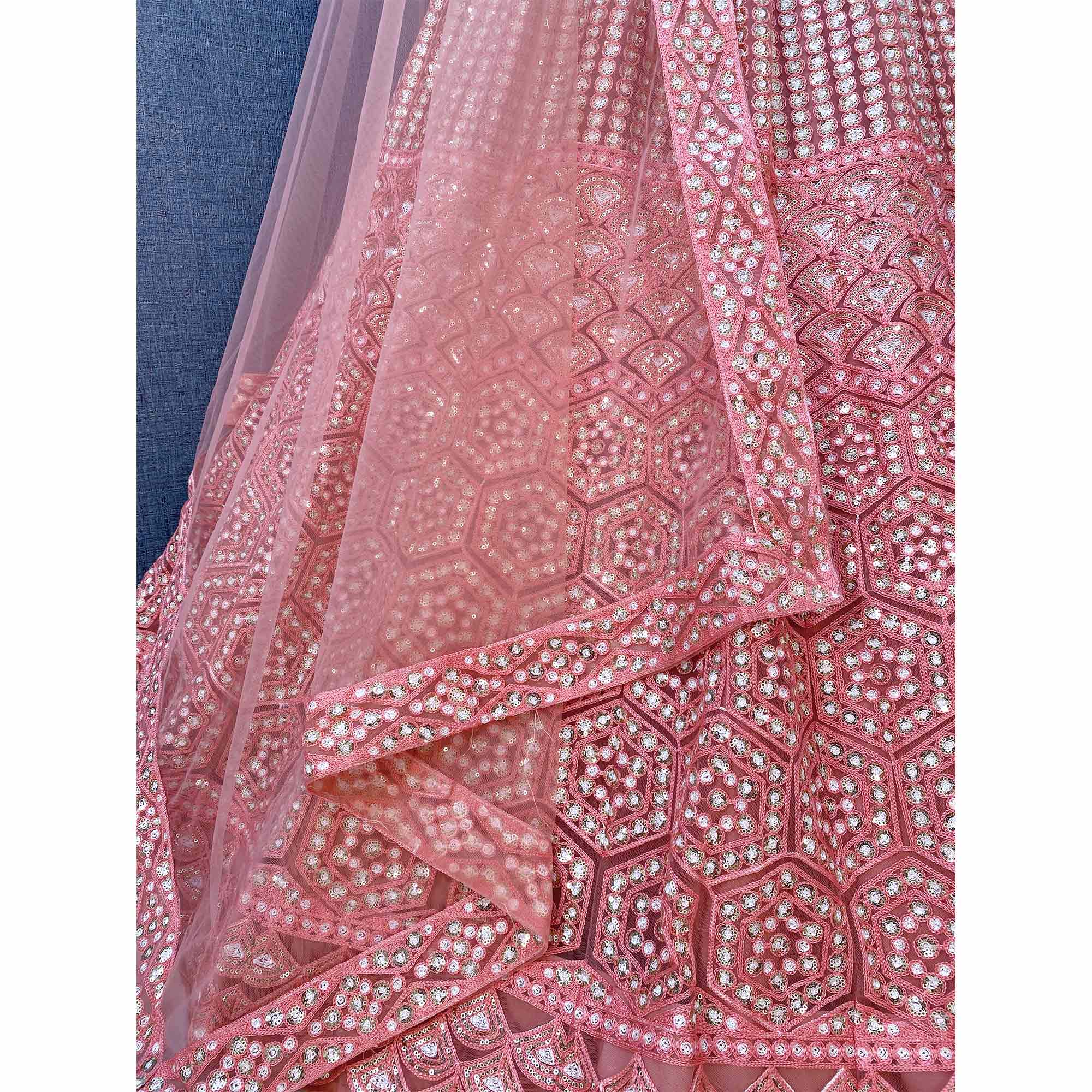 Pink Sequins Embroidered Netted Lehenga Choli