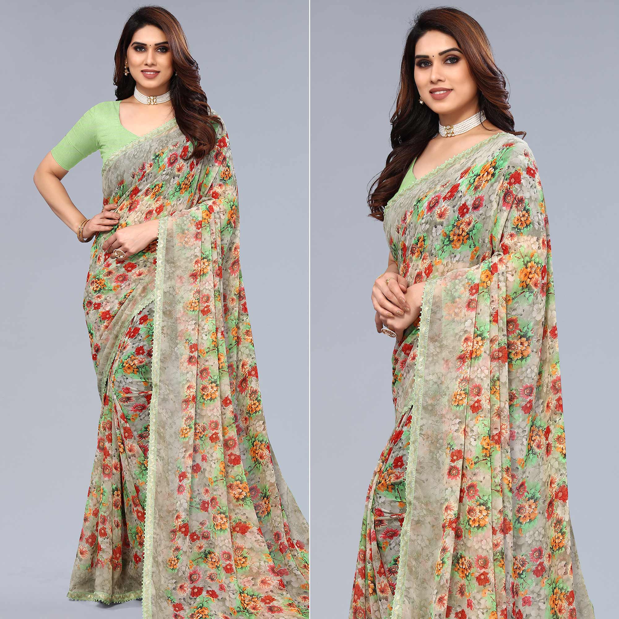 Pista Green Printed Georgette Saree With Crochet Border