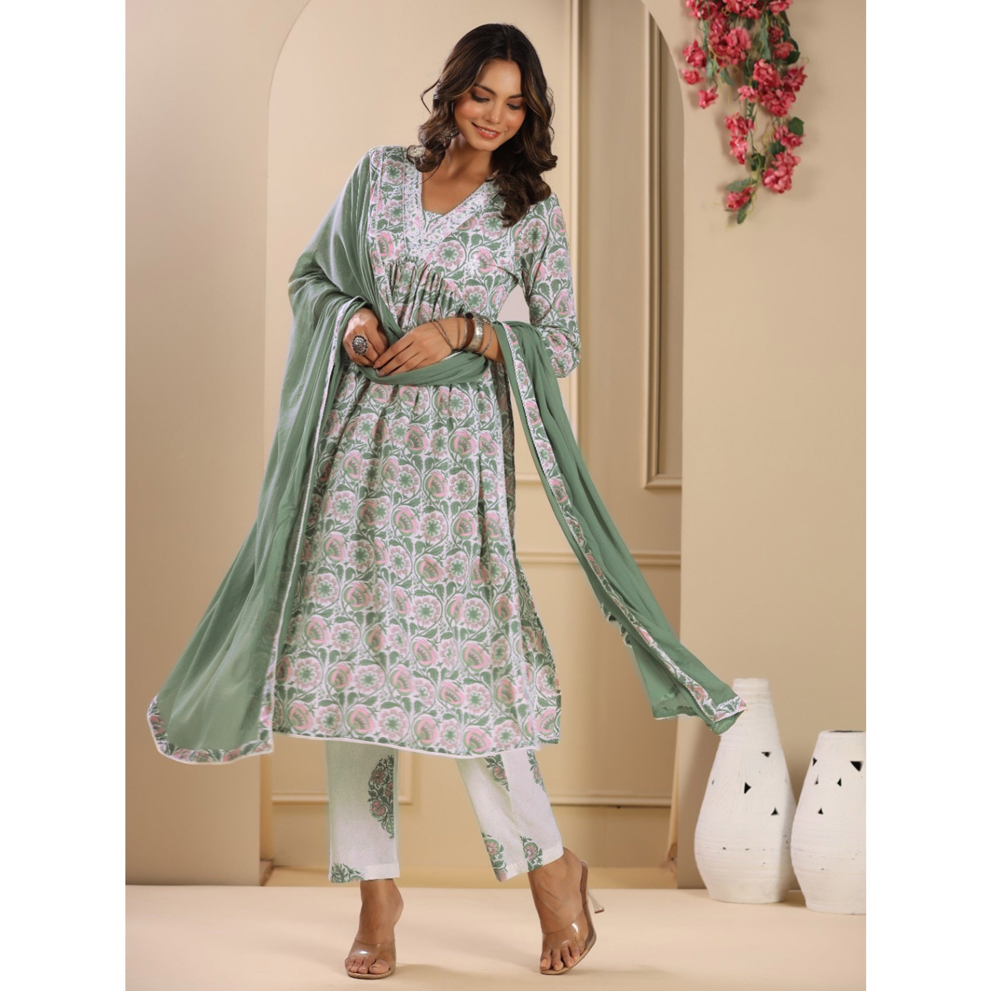 Green Floral Printed Pure Cotton Naira Cut Suit