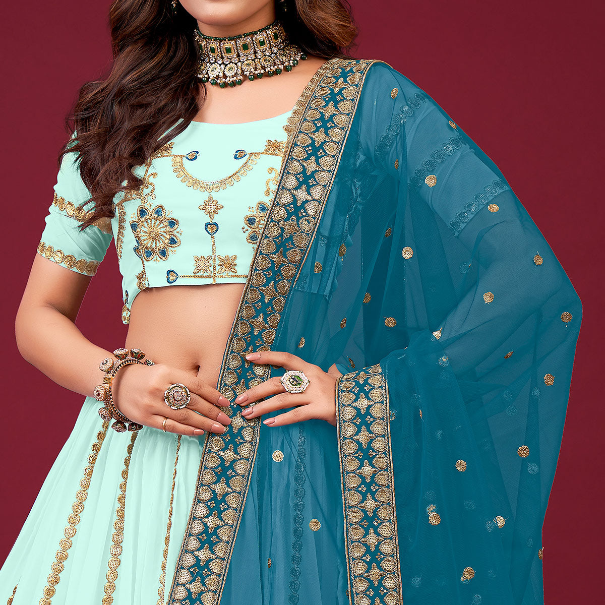 Sky Blue Embroidered Georgette Lehenga Choli