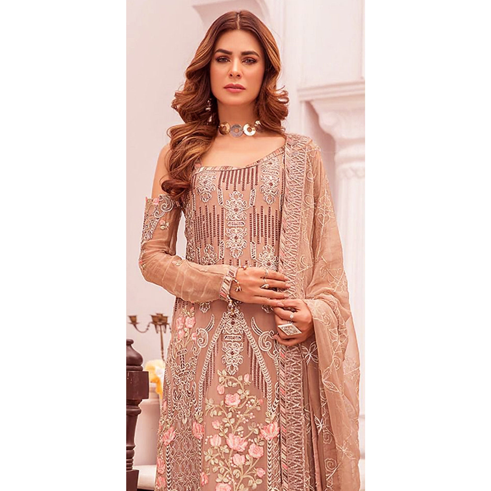 Rust Embroidered Georgette Pakistani Suit