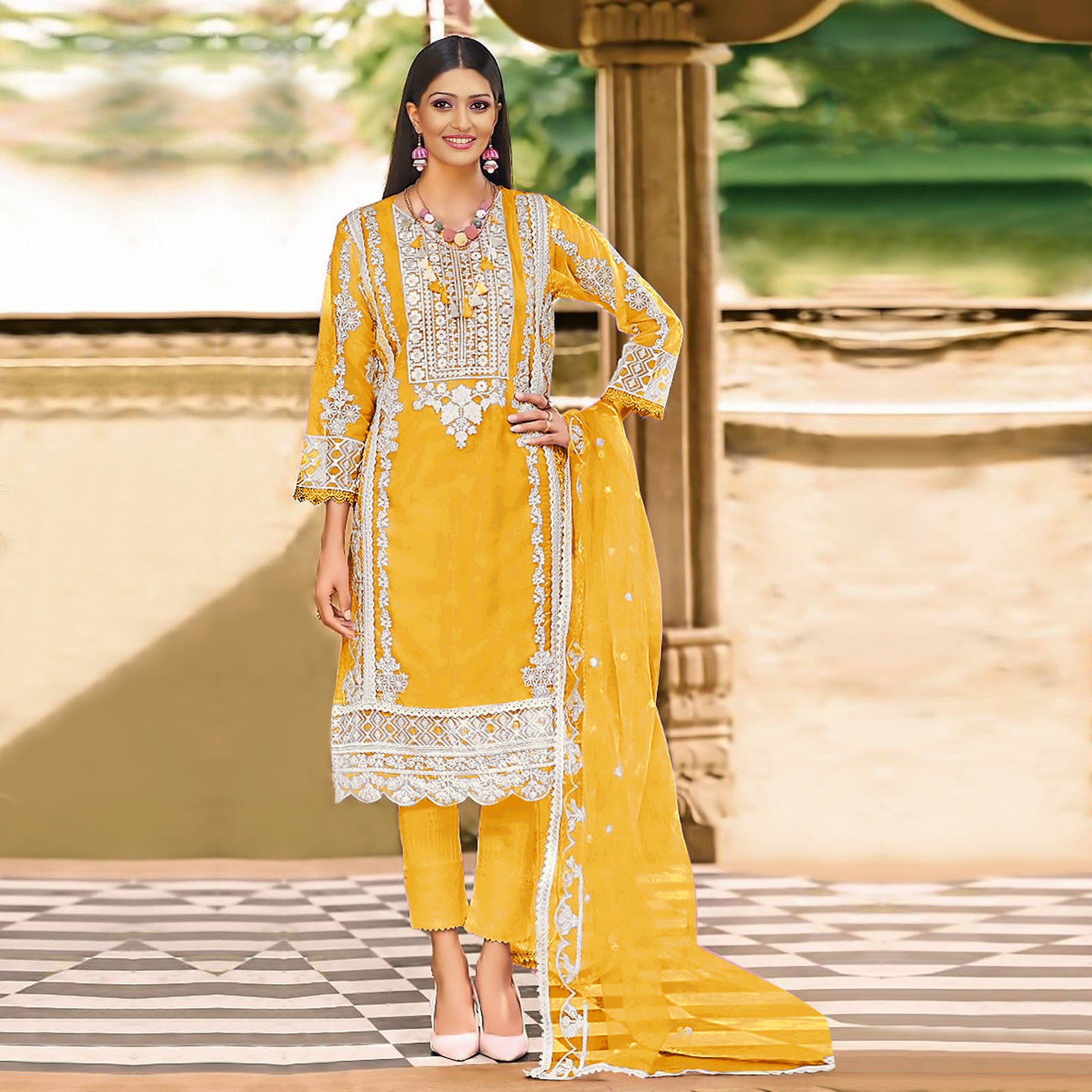 Yellow Floral Embroidered Organza Pakistani Suit
