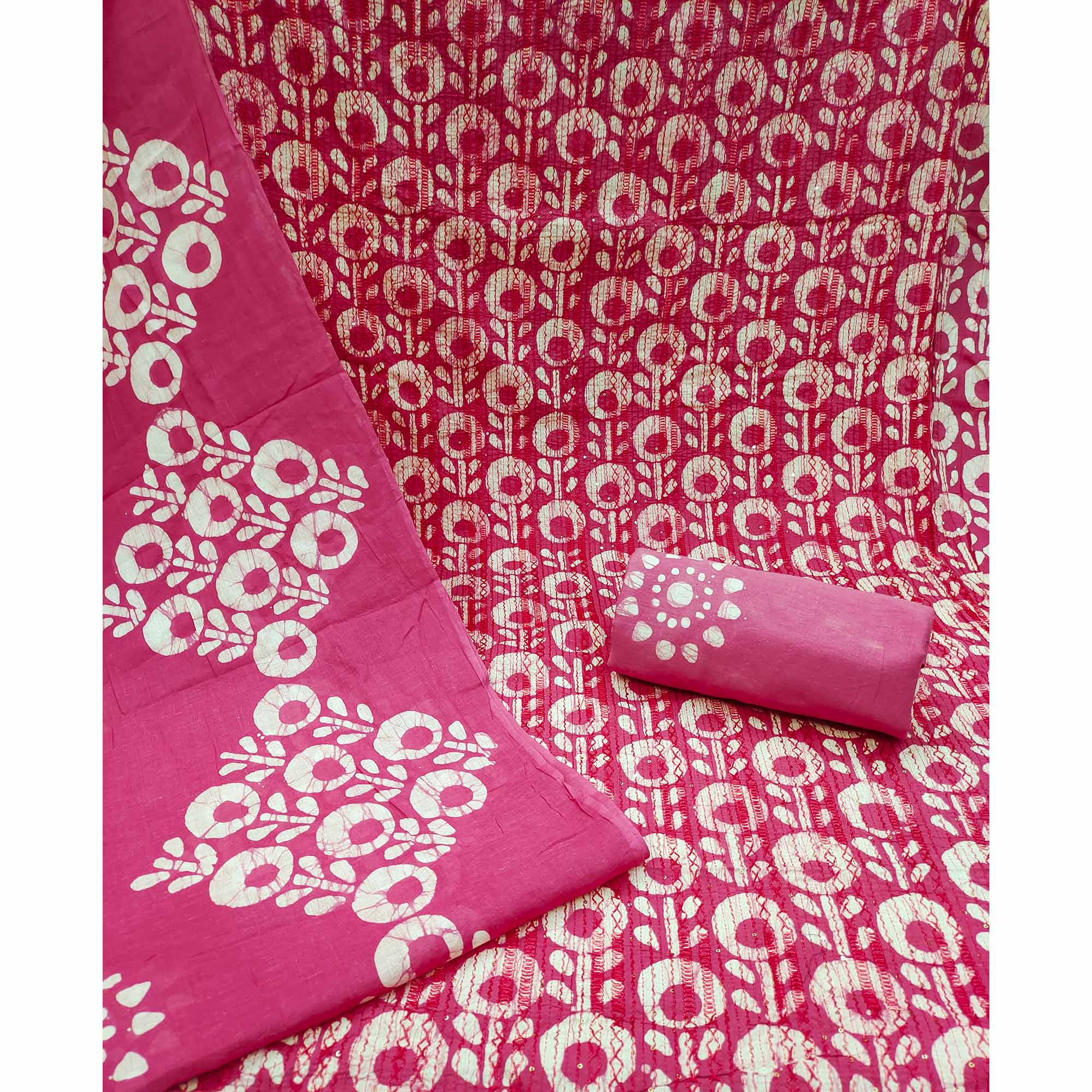 Pink Printed & Embroidered Pure Cotton Dress Material