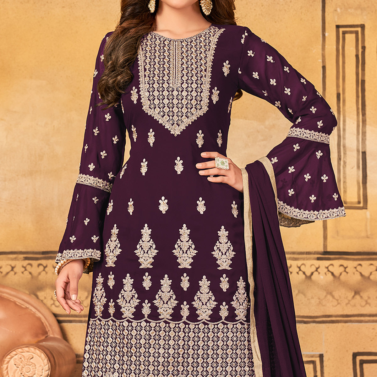 Wine Floral Embroidered Georgette Palazzo Suit