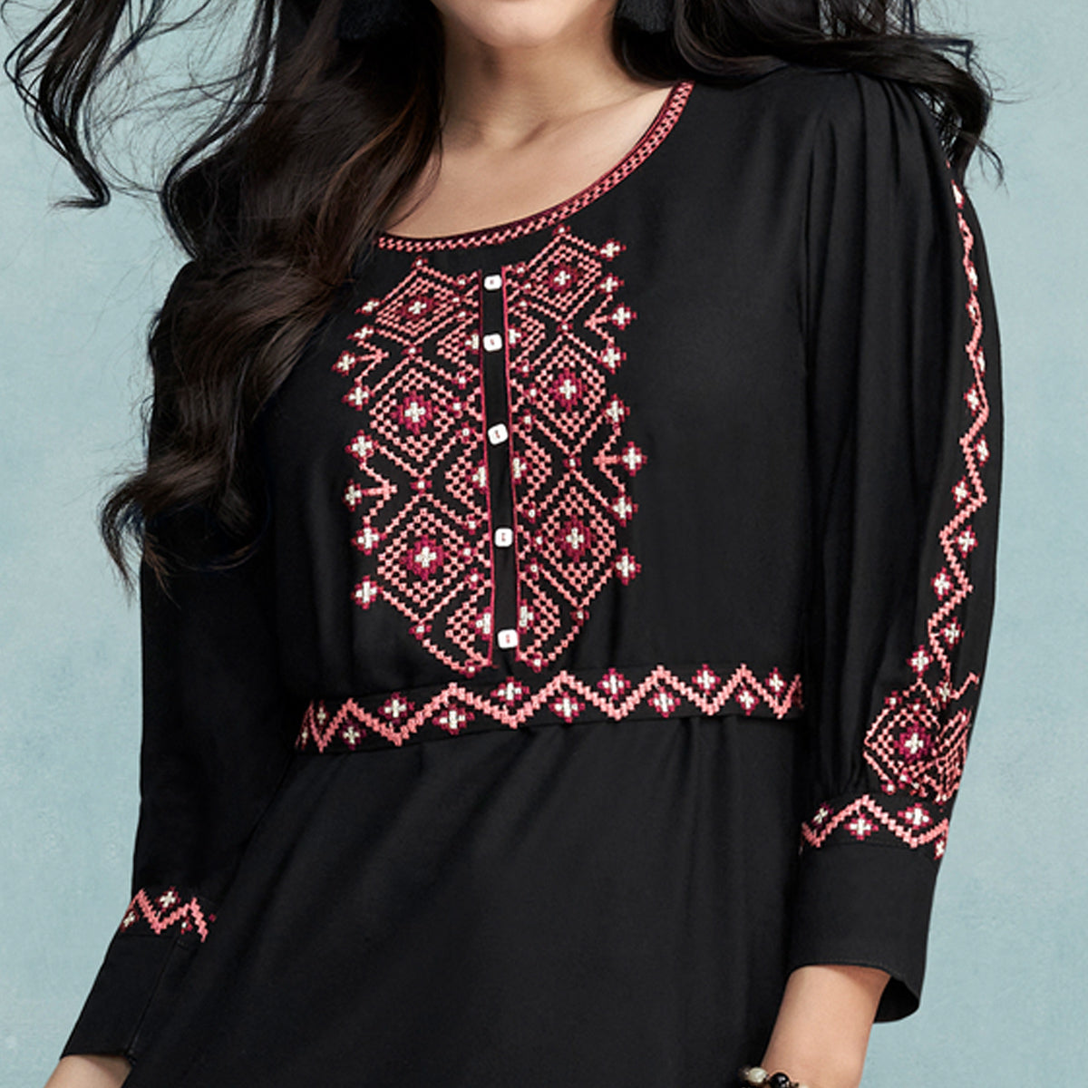 Black Floral Embroidered Rayon Top