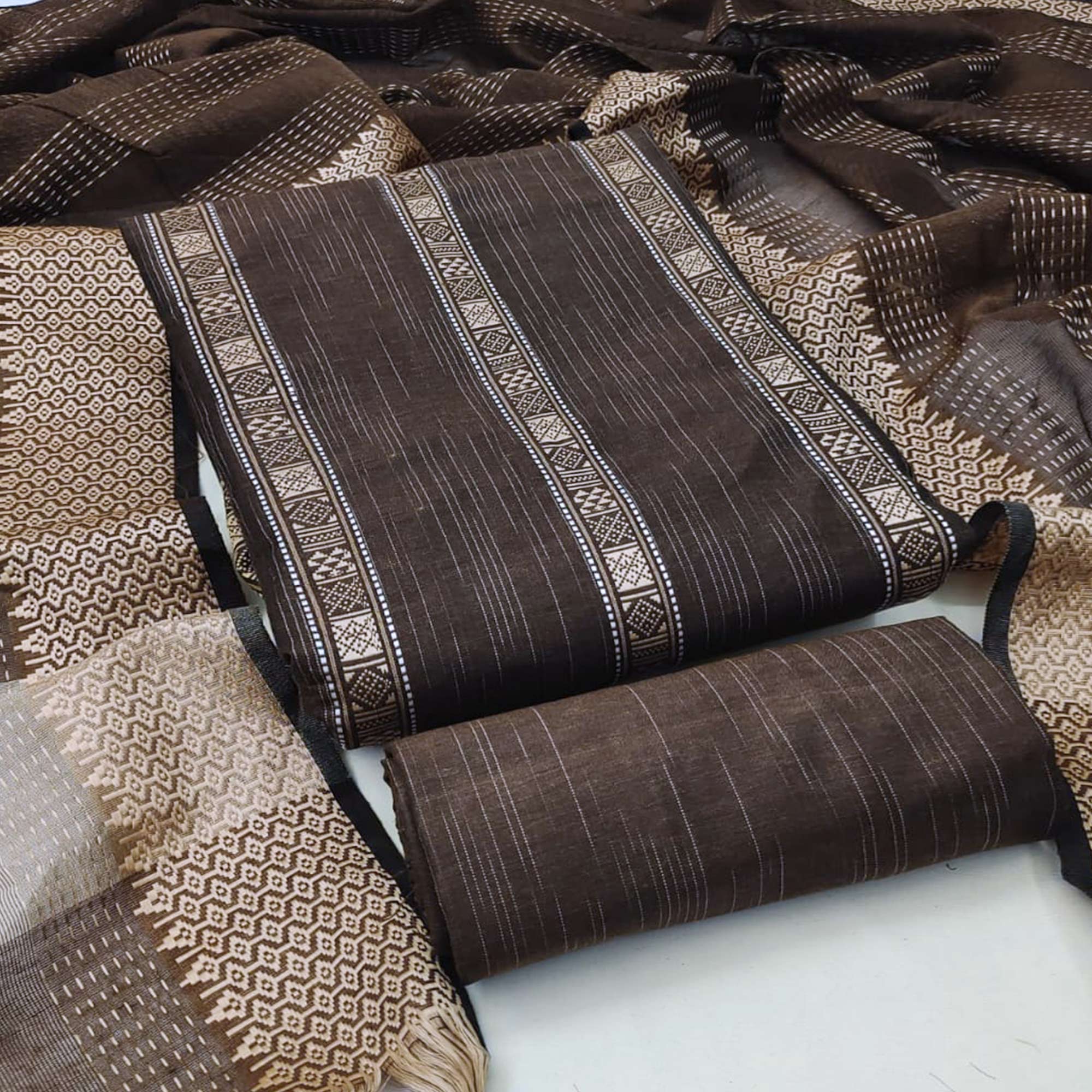 Coffee Brown Woven Cotton Blend Dress Material
