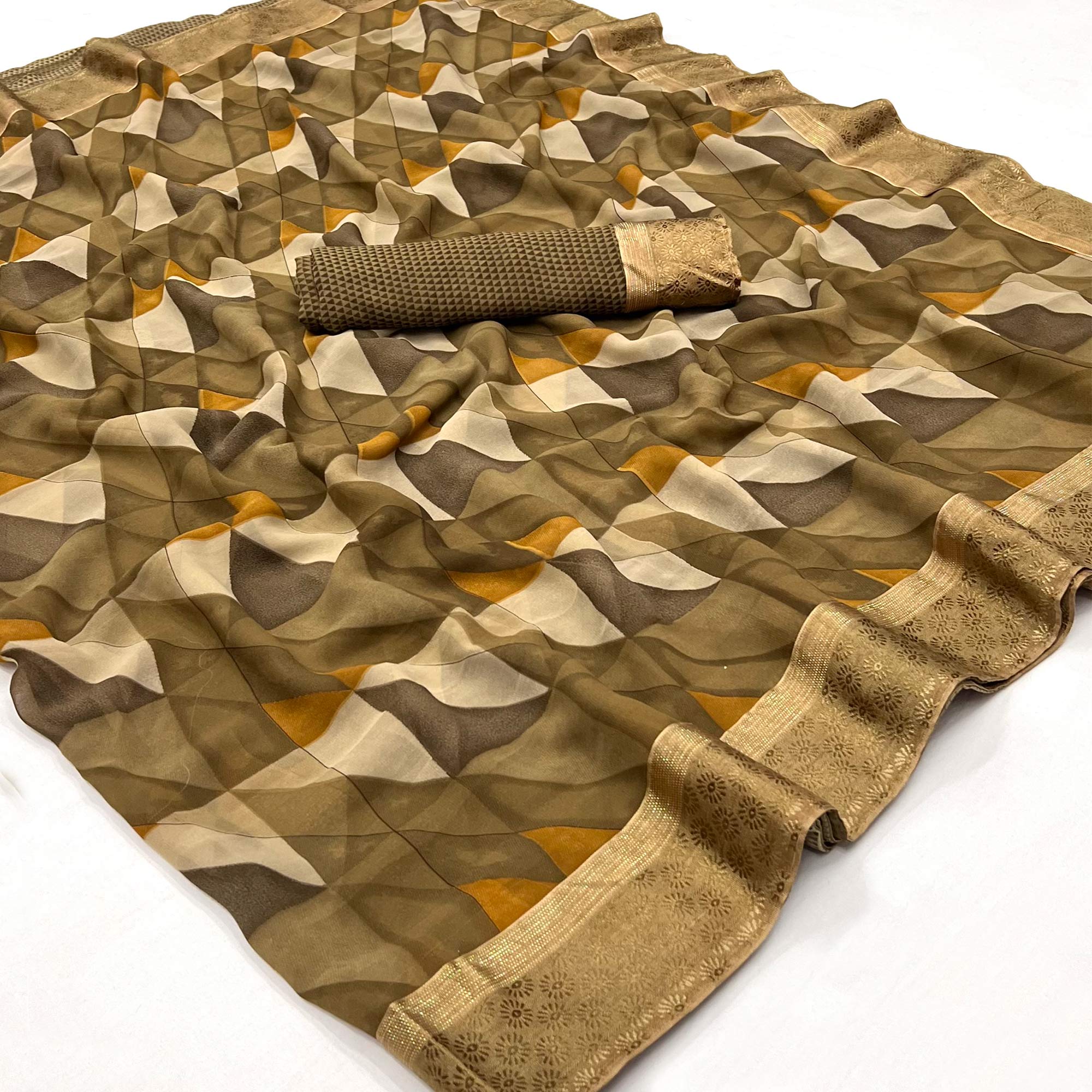 Chikoo Geometric Printed Georgette Saree