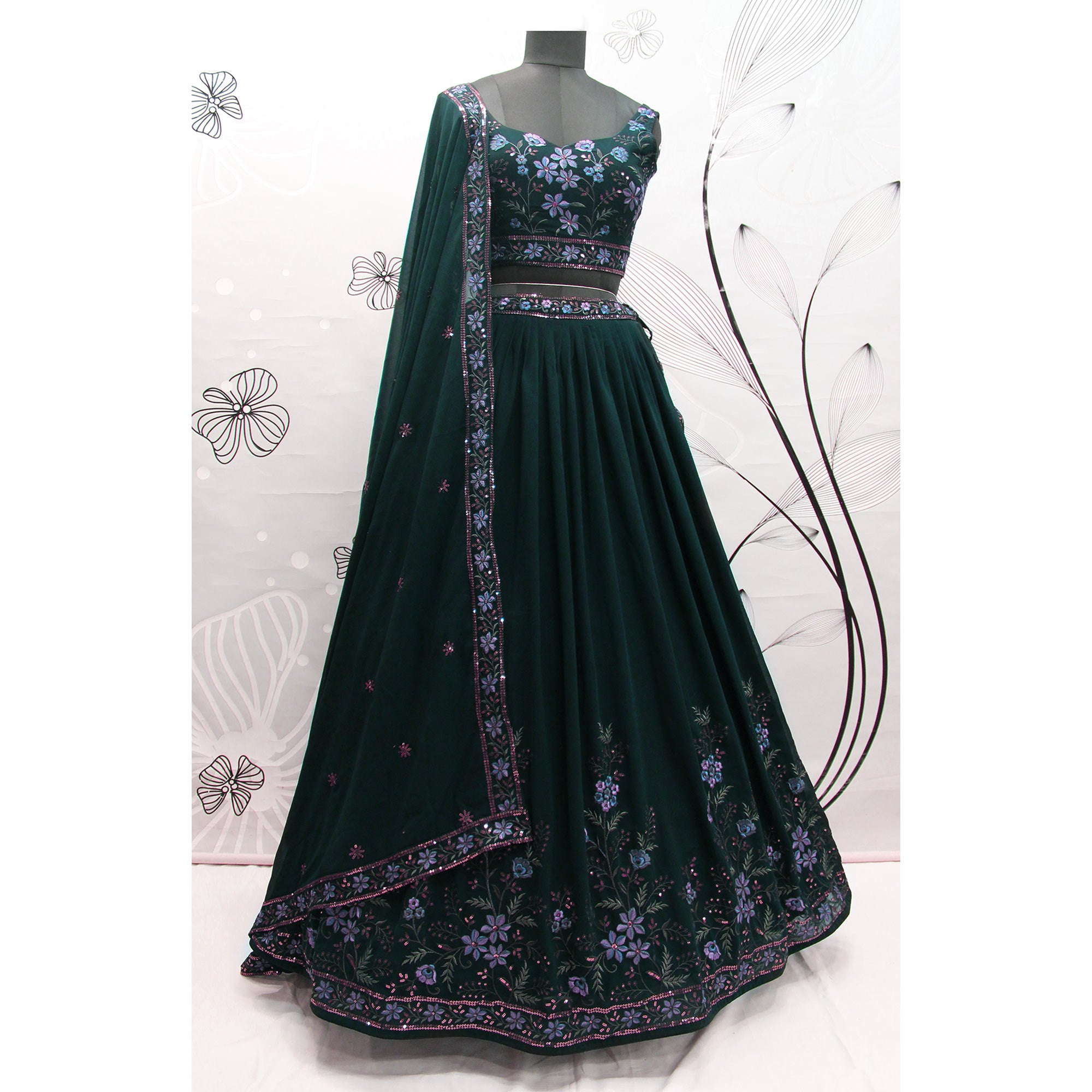 Green Sequins Embroidered Georgette Lehenga Choli