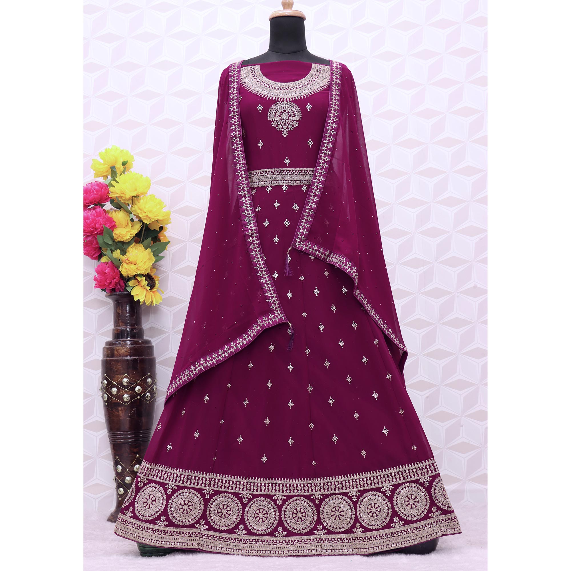 Purple Sequins Embroidered Georgette Semi Stitched Anarkali Suit