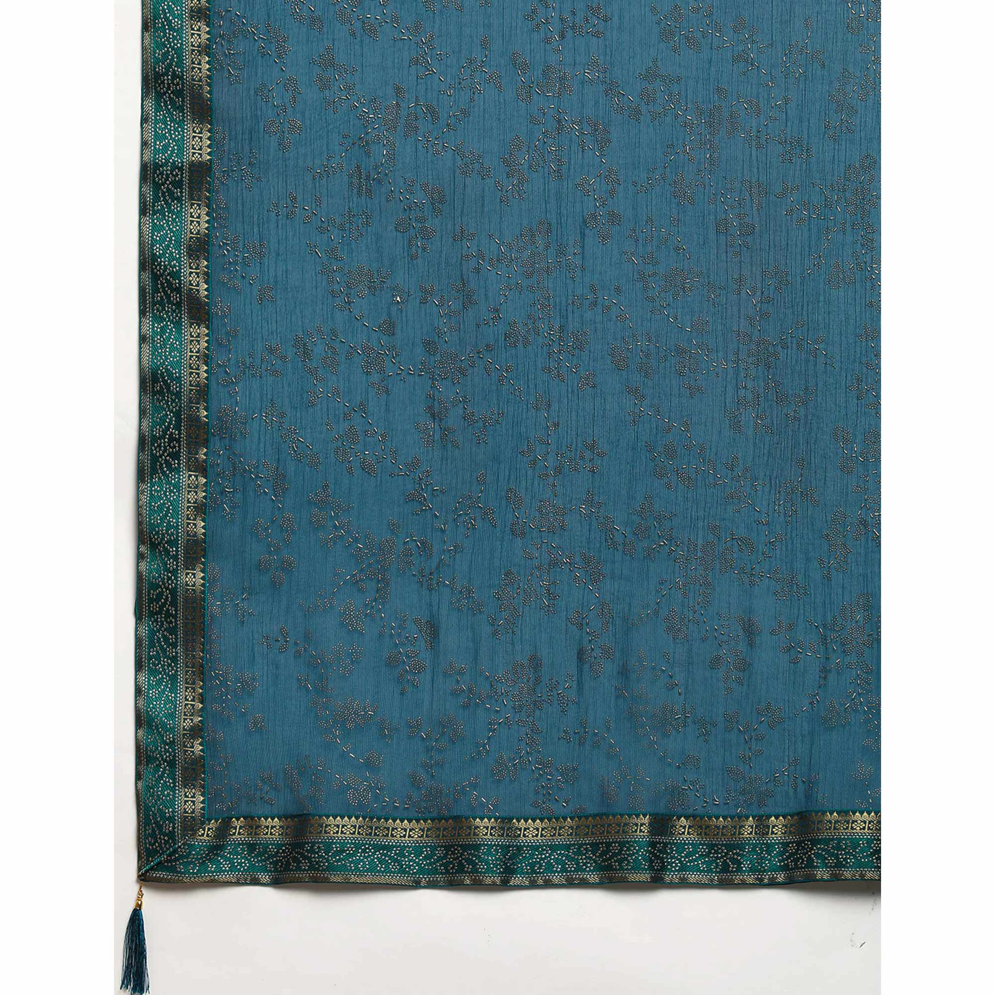 Blue Floral Foil Printed Shimmer Saree