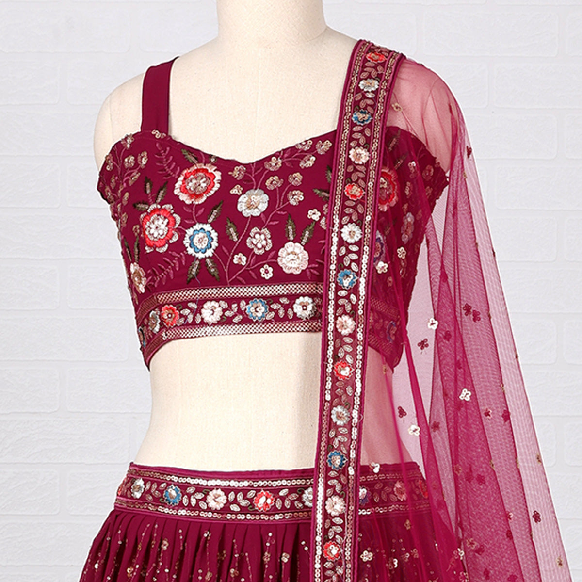 Wine Sequins Embroidered Georgette Lehenga Choli