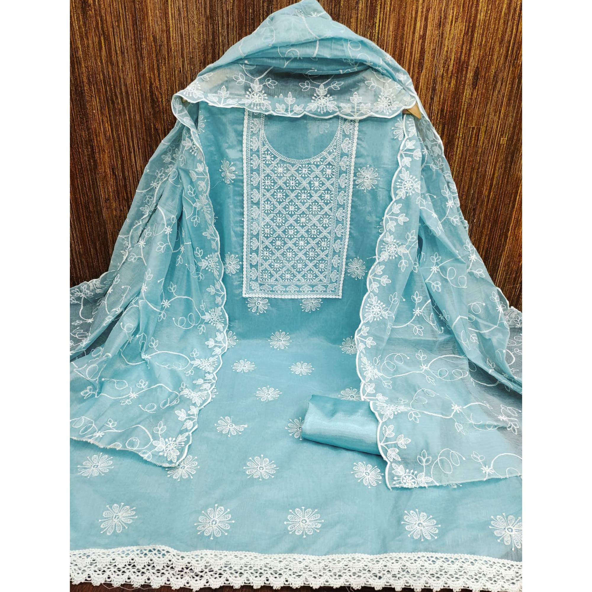 Blue Floral Embroidered Chanderi Dress Material