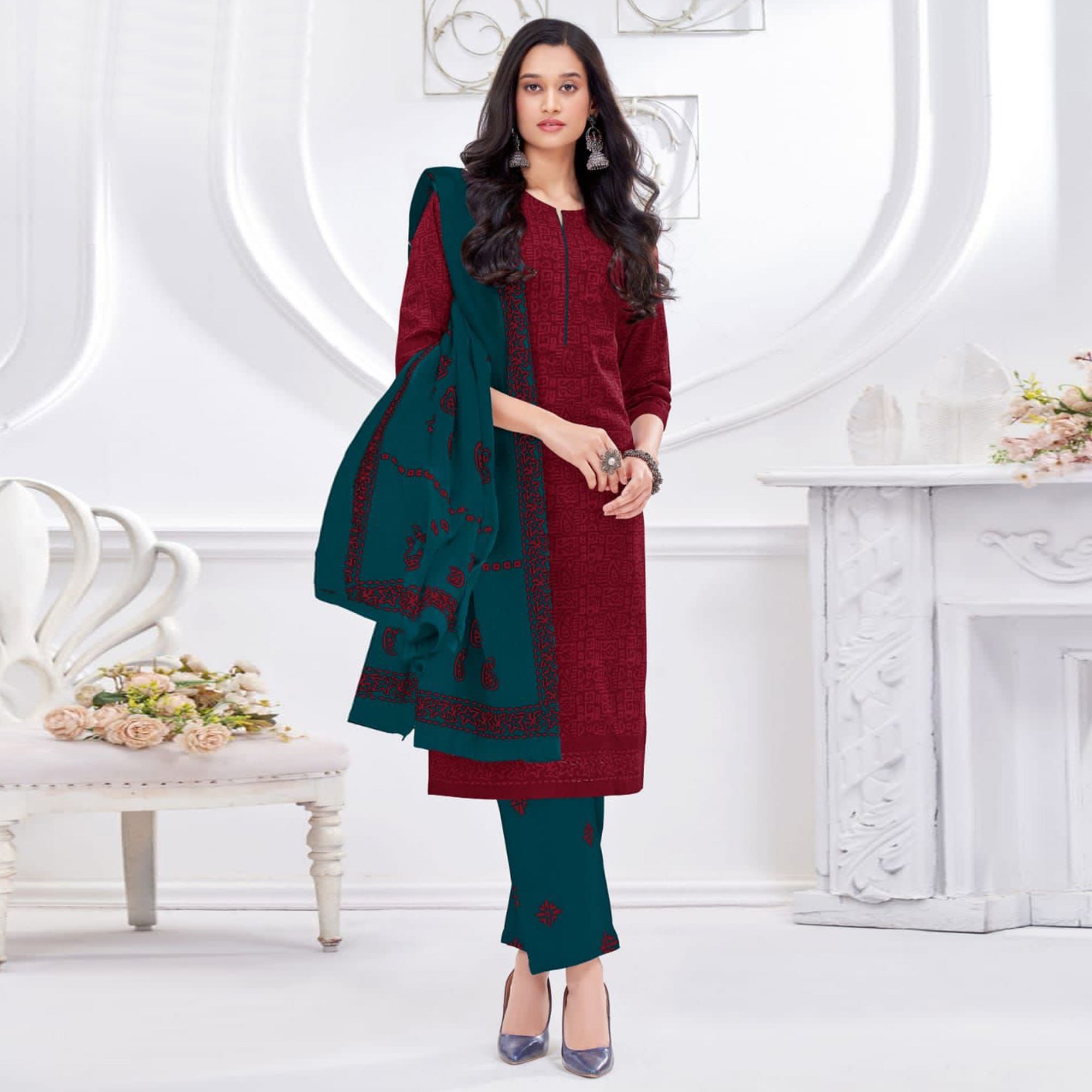 Maroon Printed Cotton Suit