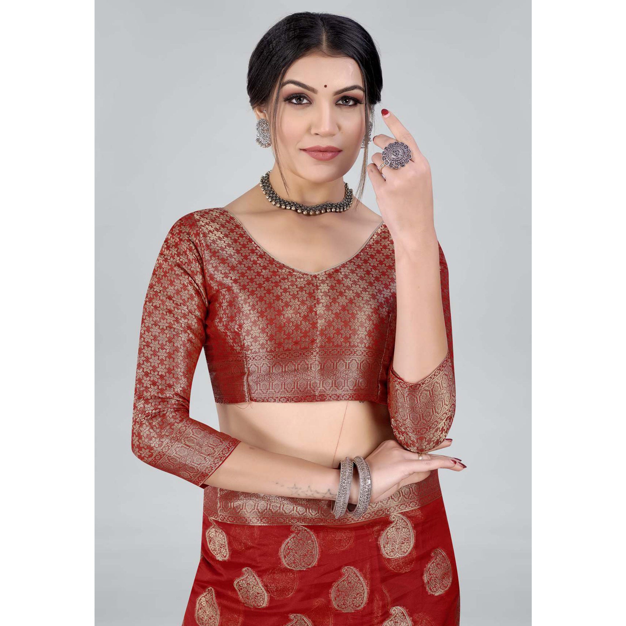 Red Woven Organza Saree With Tassels