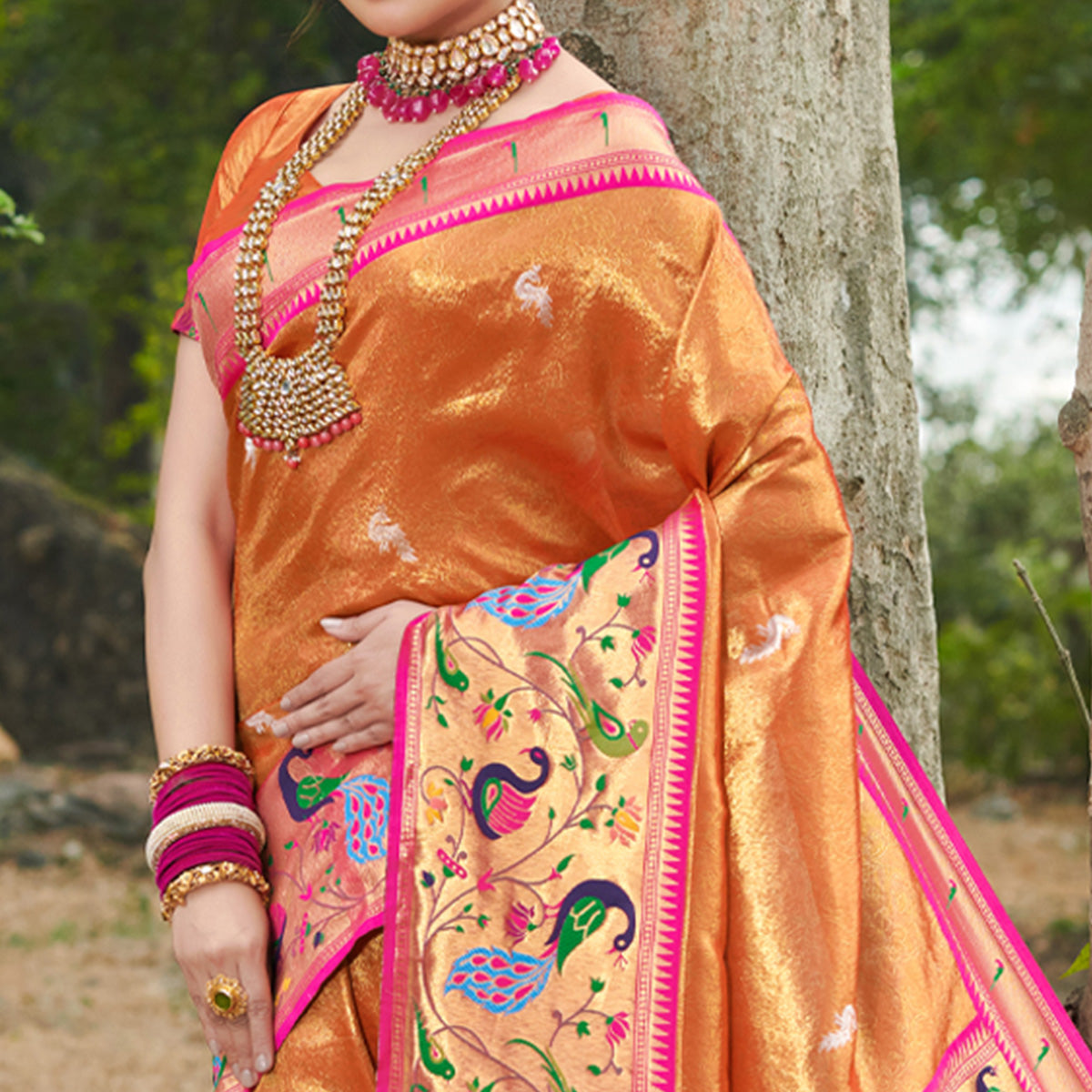 Orange Woven Art Silk Paithani Saree With Tassels