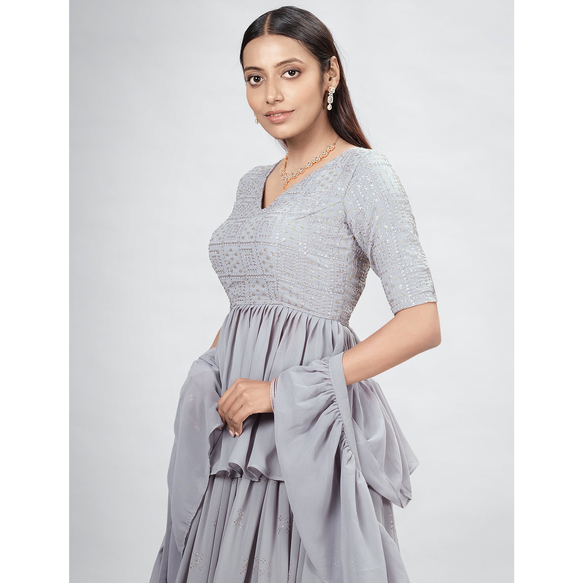 Grey Embellished With Embroidered Georgette Lehenga Choli