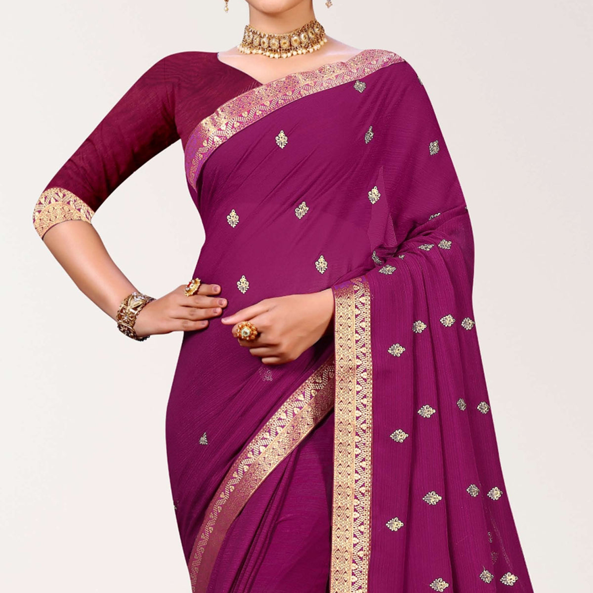 Purple Embroidered Chiffon Saree