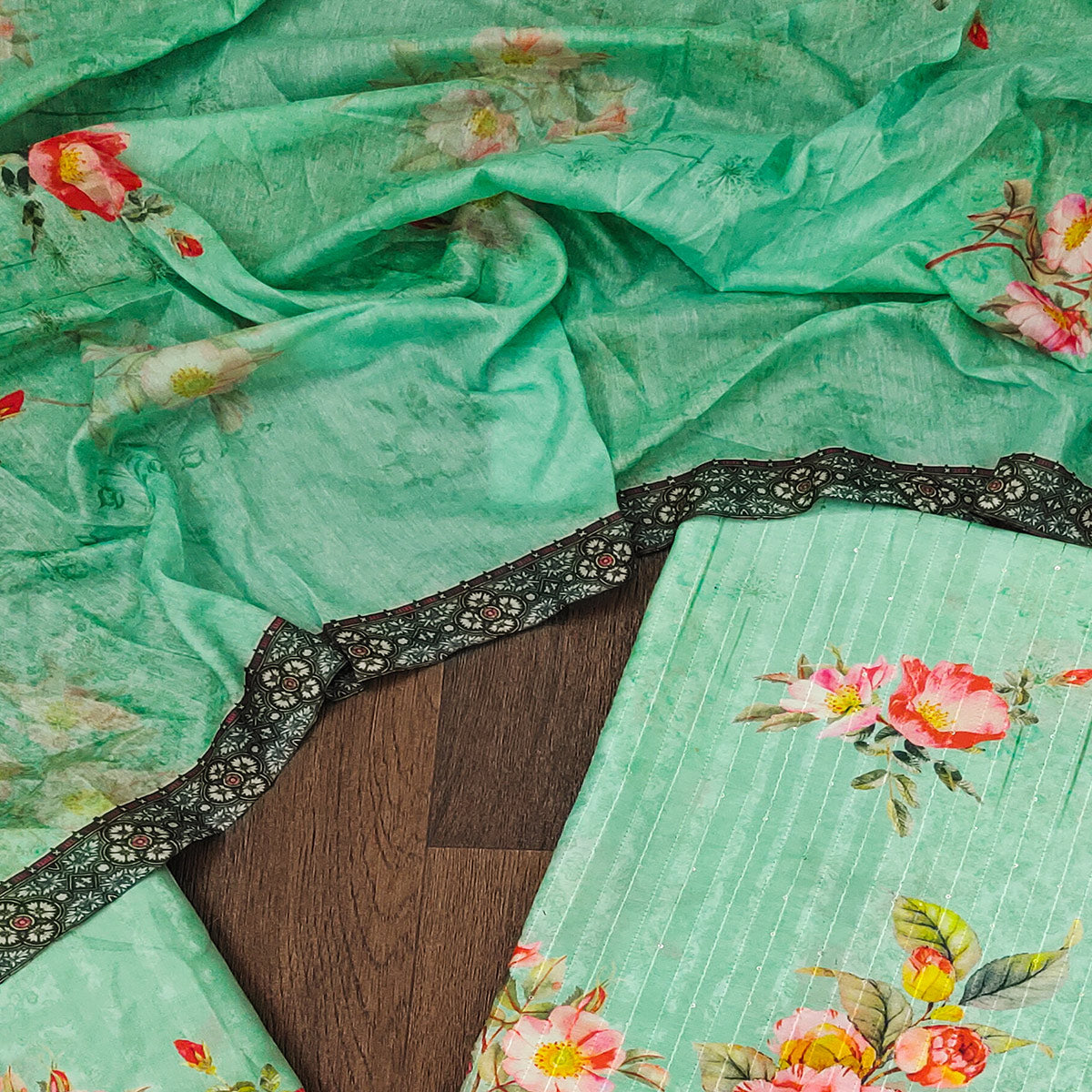 Green Floral Digital Printed Muslin Dress Material