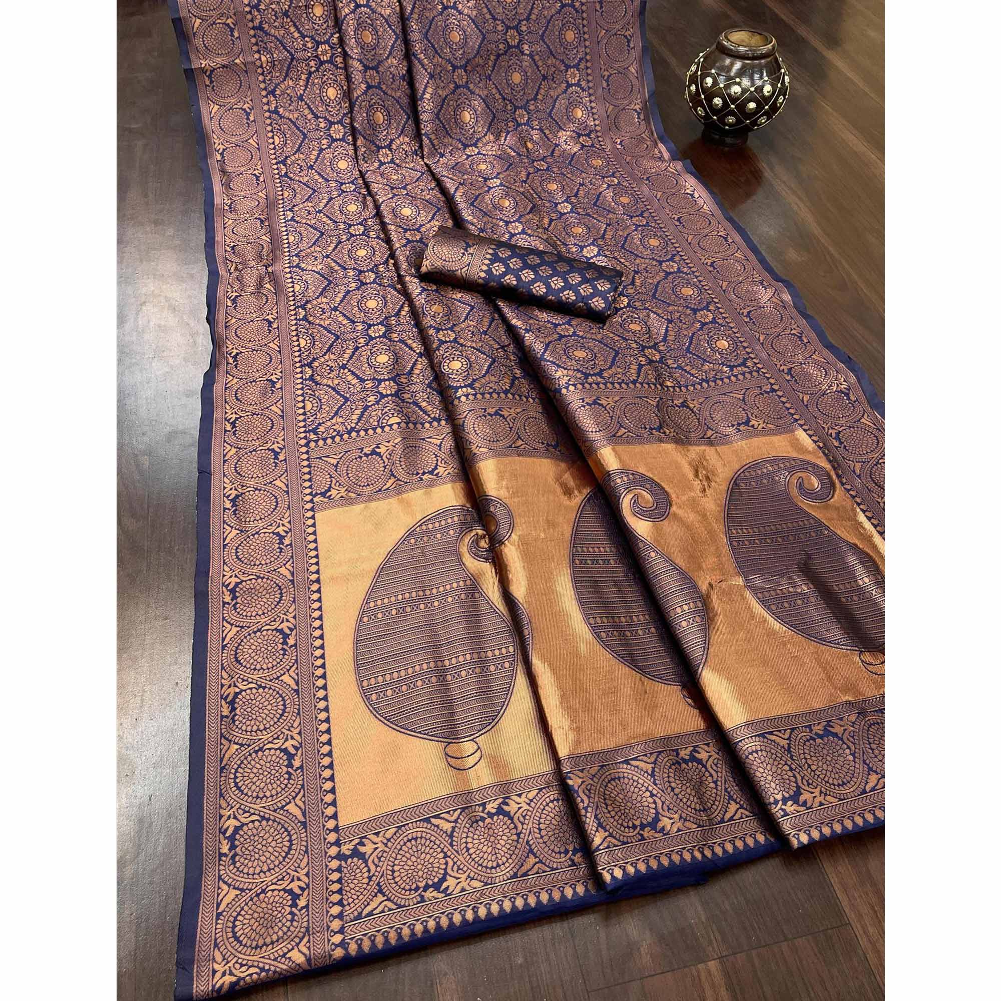 Navy Blue Woven Banarasi Silk Saree