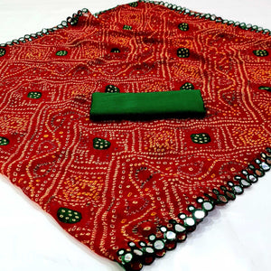 Red Bandhani Printed Georgette Saree