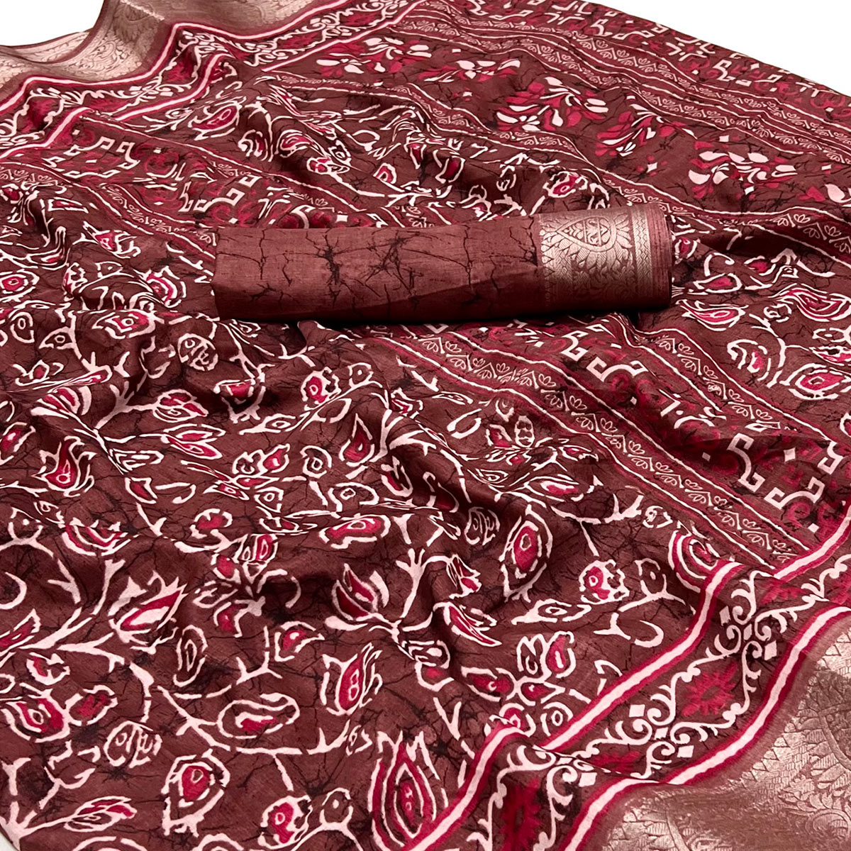 Brown Printed Dola Silk Saree