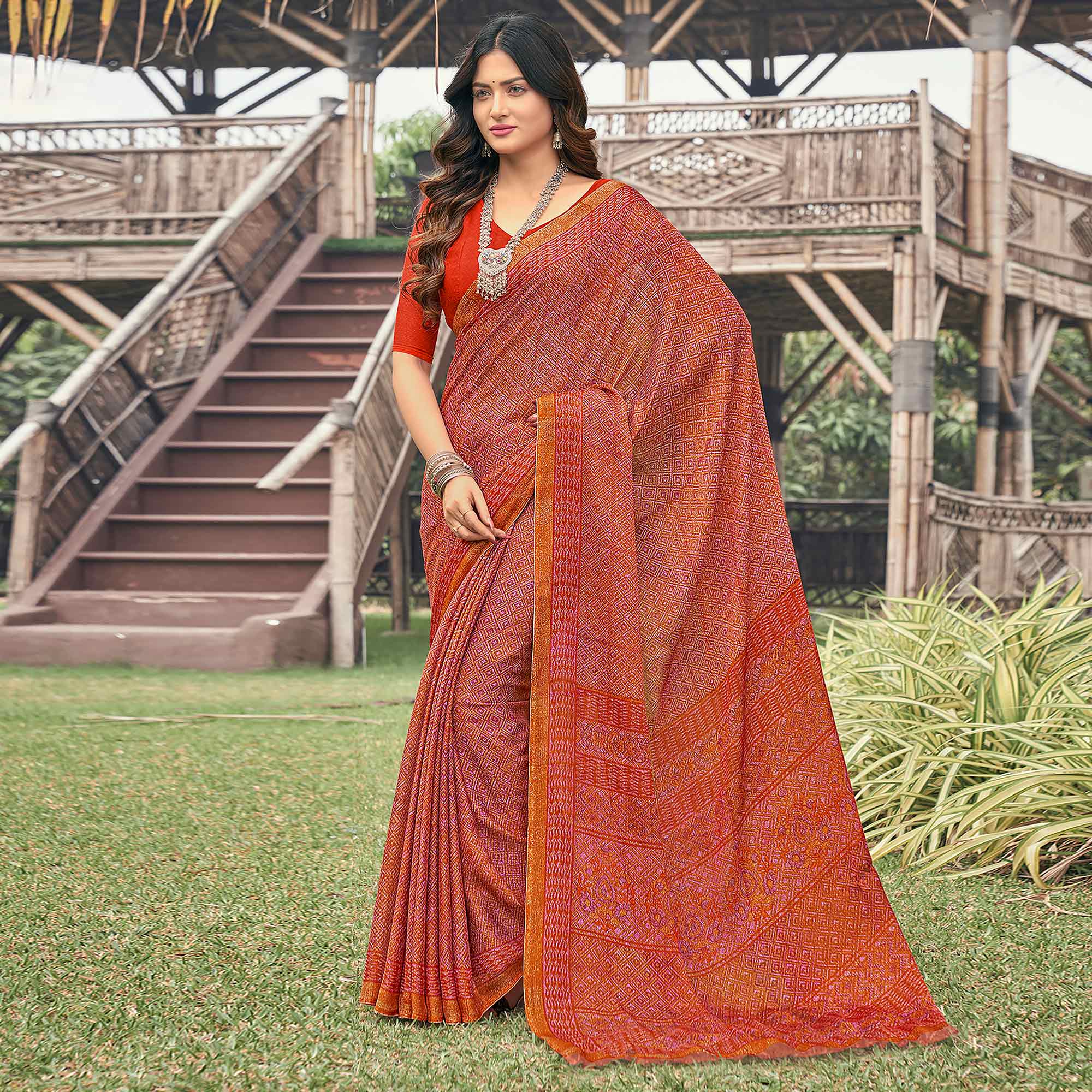 Red & Orange Printed Chiffon Saree