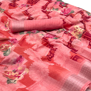 Pink Floral Printed Linen Saree