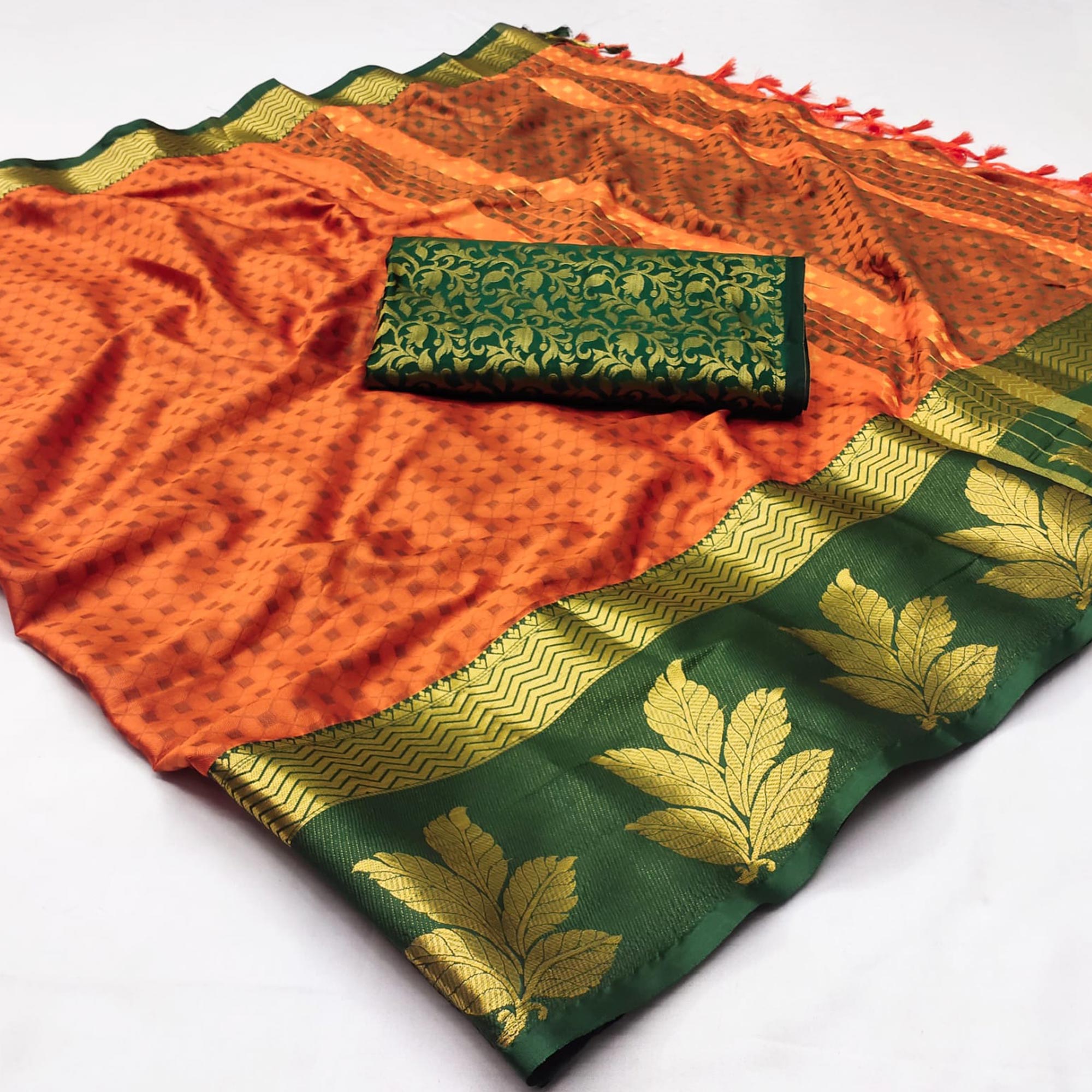 Orange Woven Cotton Silk Saree With Tassels