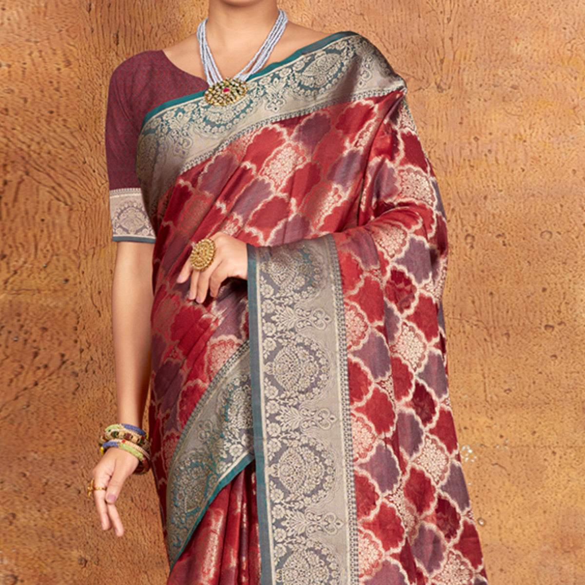 Maroon Woven Organza Saree With Tassels