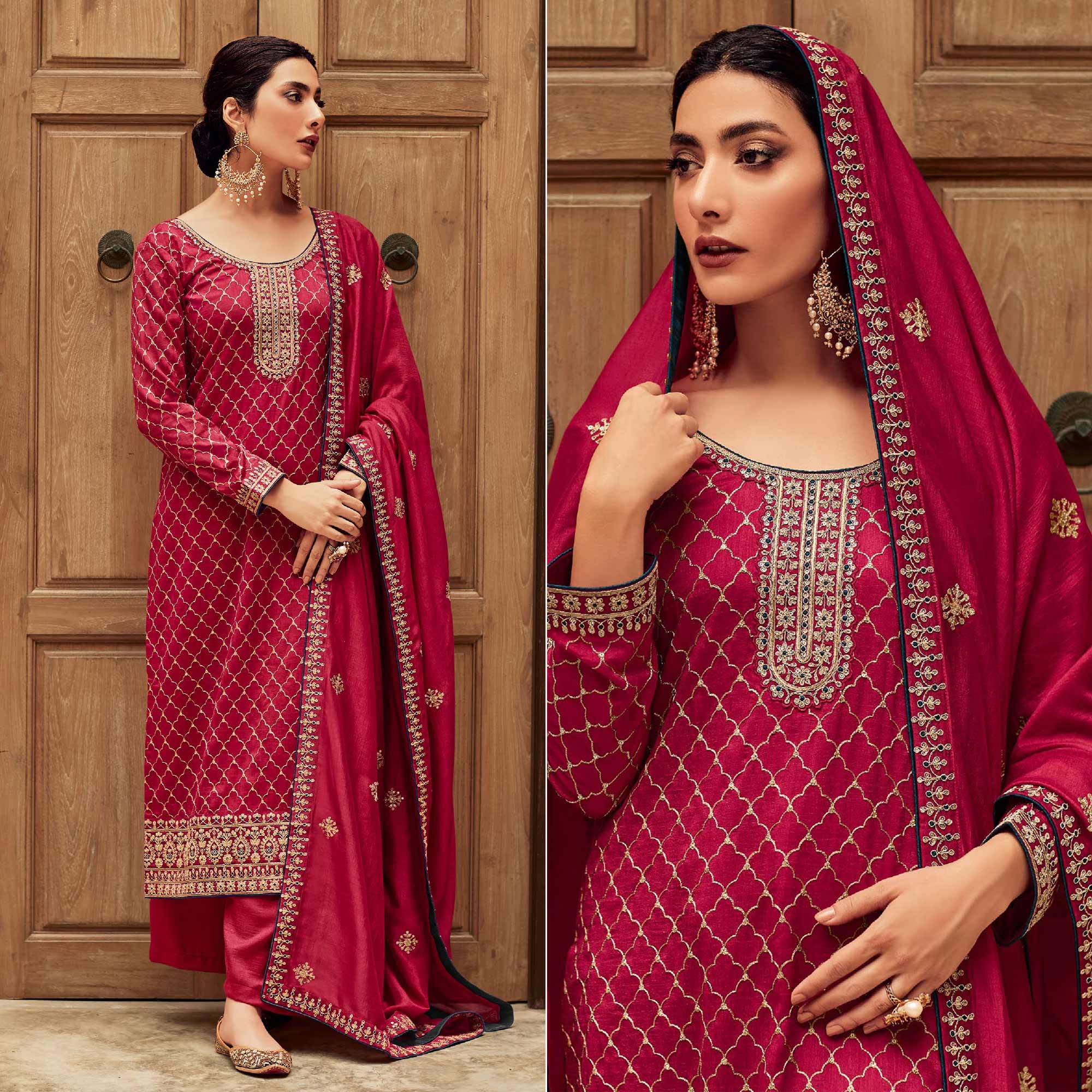 Pink Floral Embroidered Art Silk Palazzo Suit