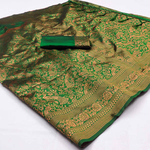 Green Woven Art Silk Saree With Tassels