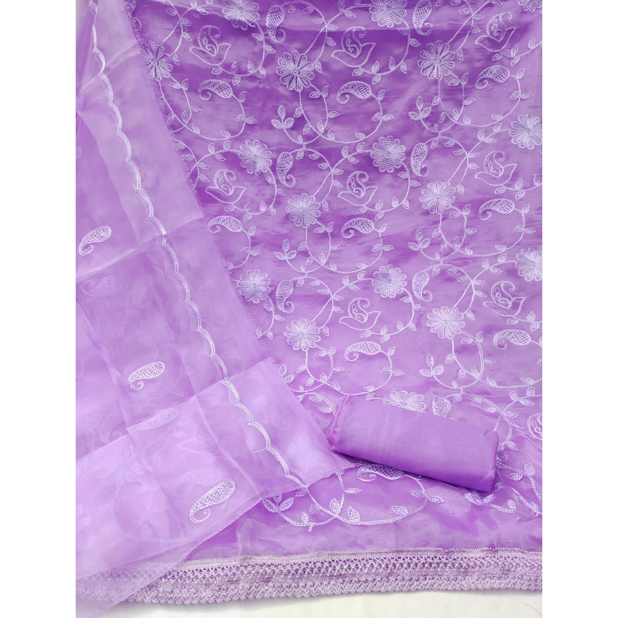 Purple Floral Embroidered Organza Dress Material