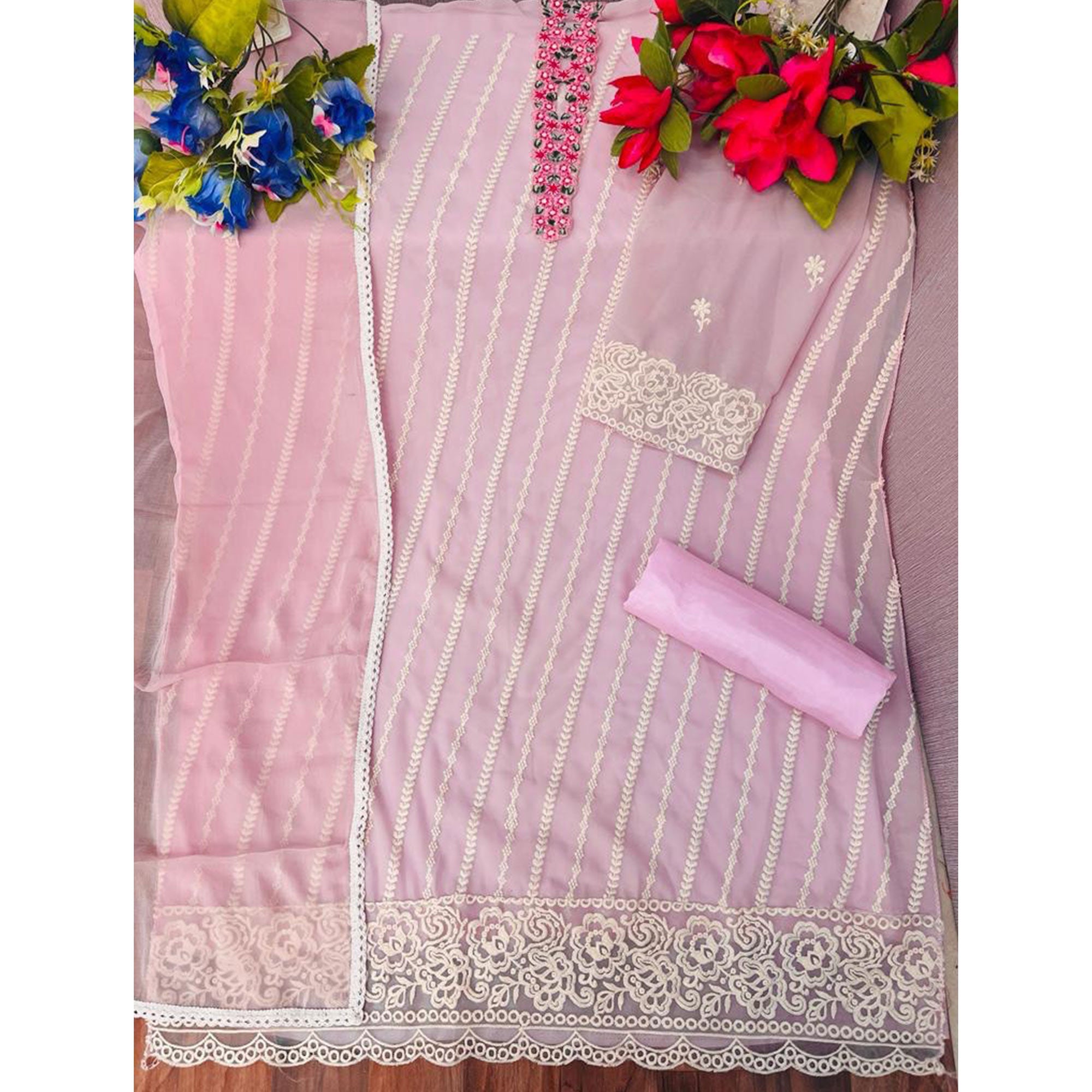 Light Pink Floral Embroidered Georgette Semi Stitched Suit